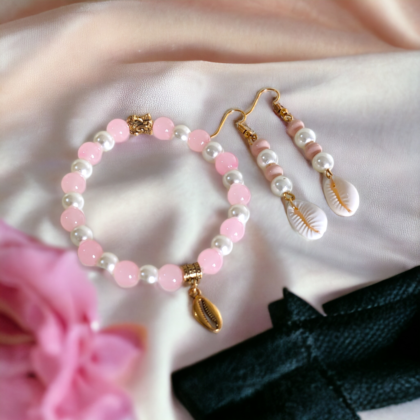 Pink Beads, Pearls With Cowrie Bracelet & Earrings Set