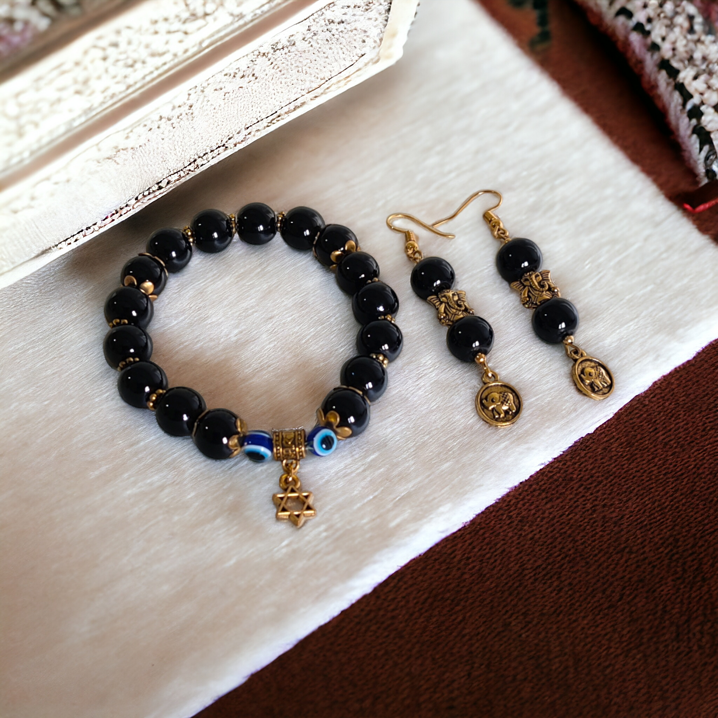Black Beads Bracelet & Earrings Set