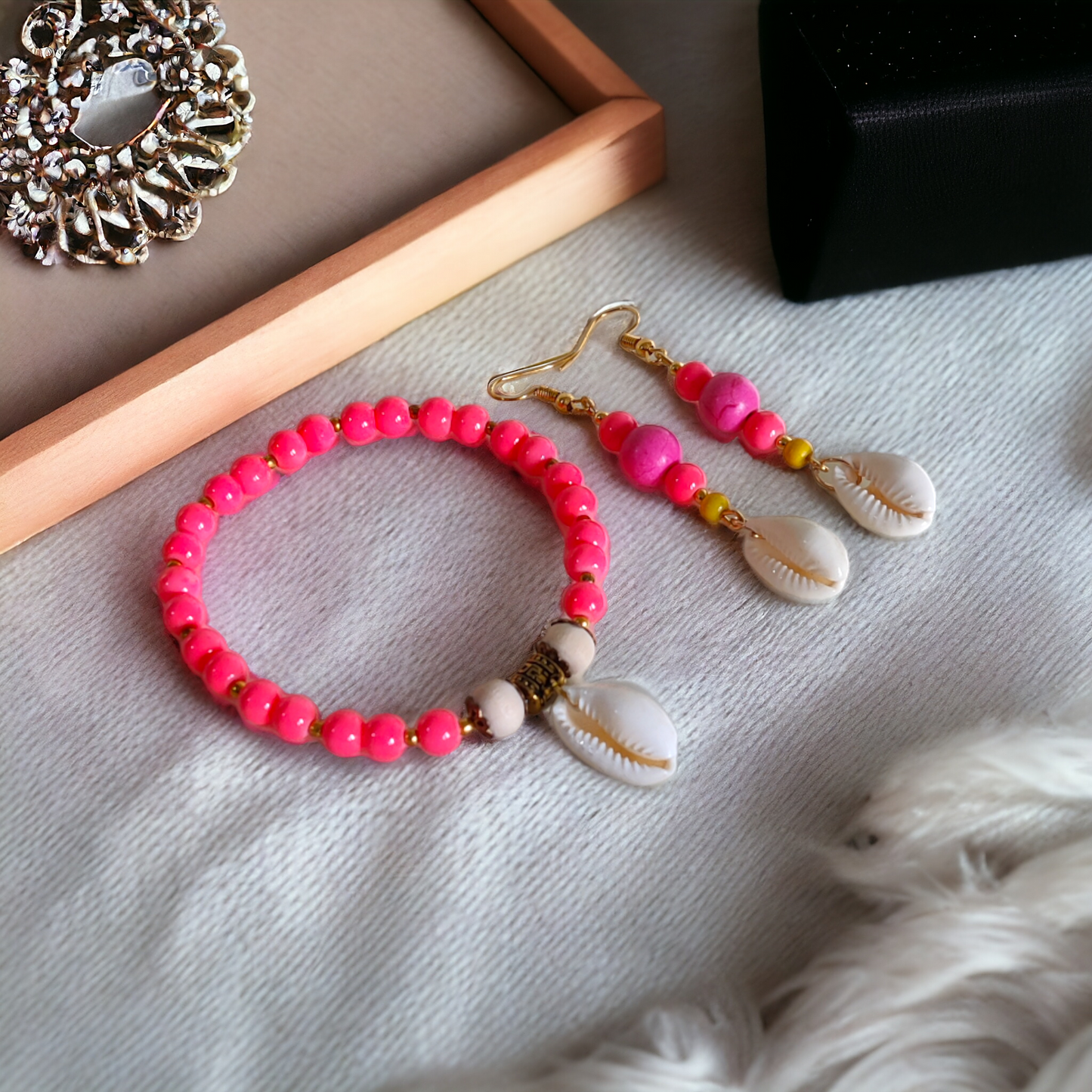 Pink Beads Bracelet & Earrings Set
