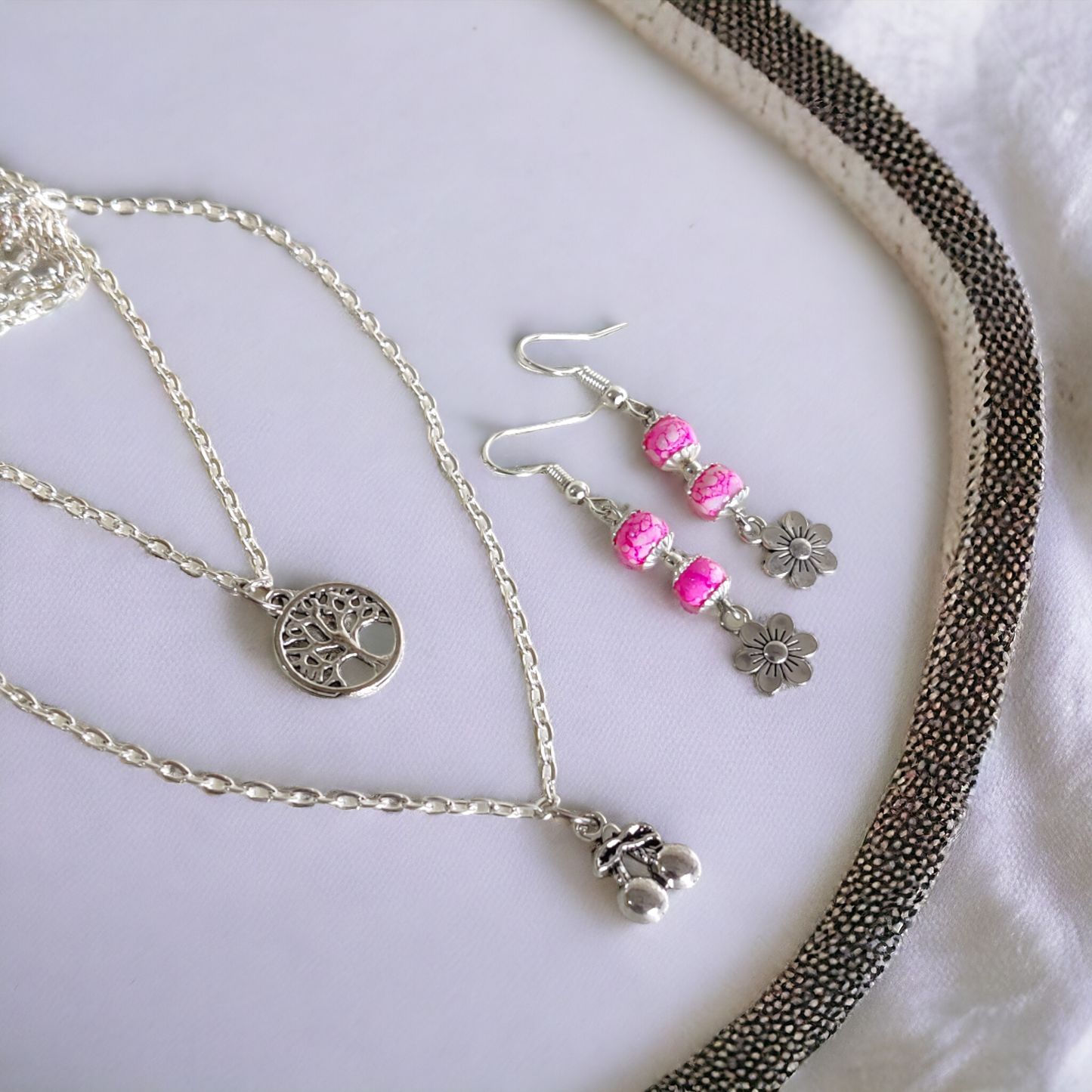Pink Beads Earrings & An Artificial Silver Chain