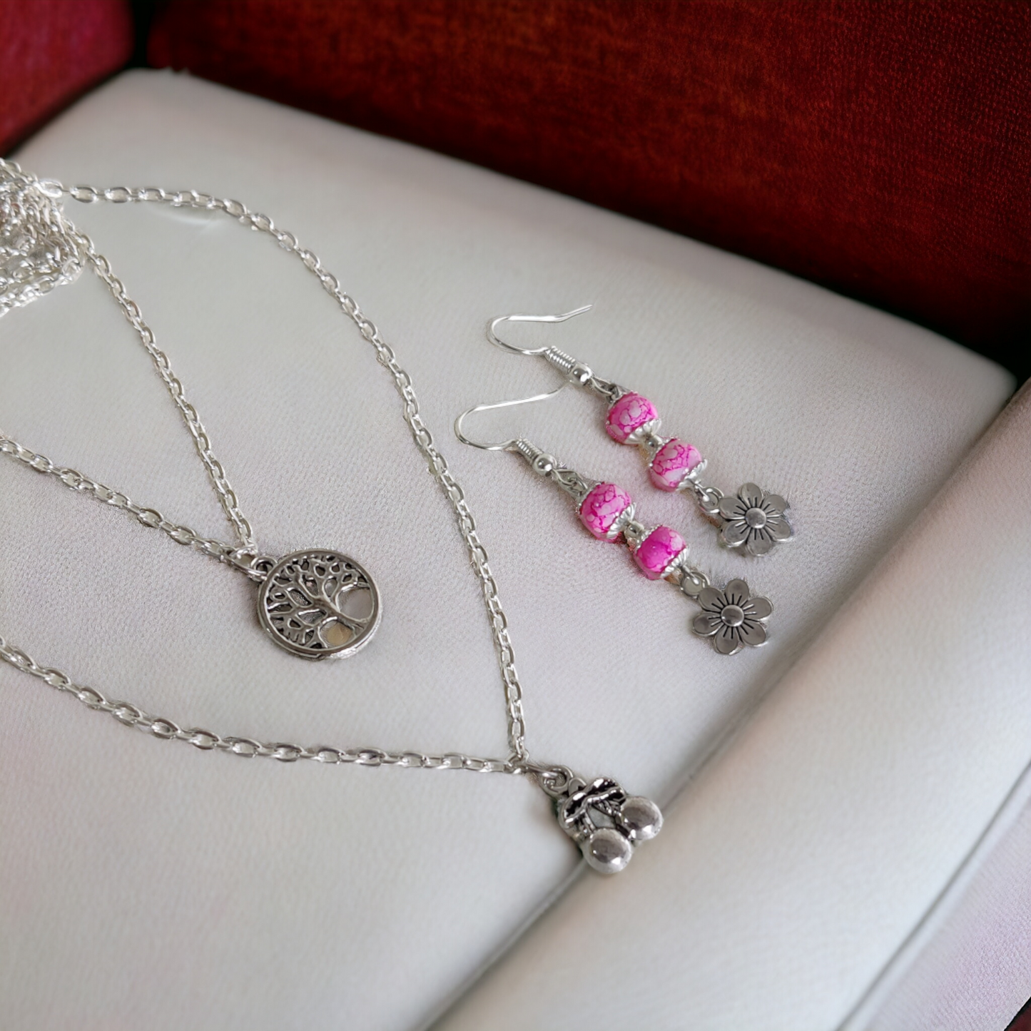 Pink Beads Earrings & An Artificial Silver Chain