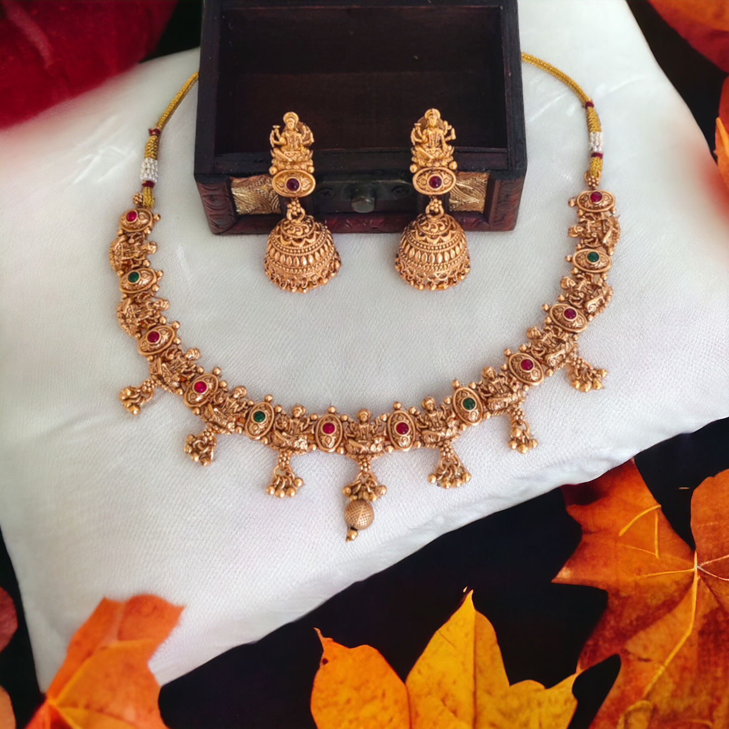 Lakshmi Necklace Set With Golden Beads - Matte Finish TS18