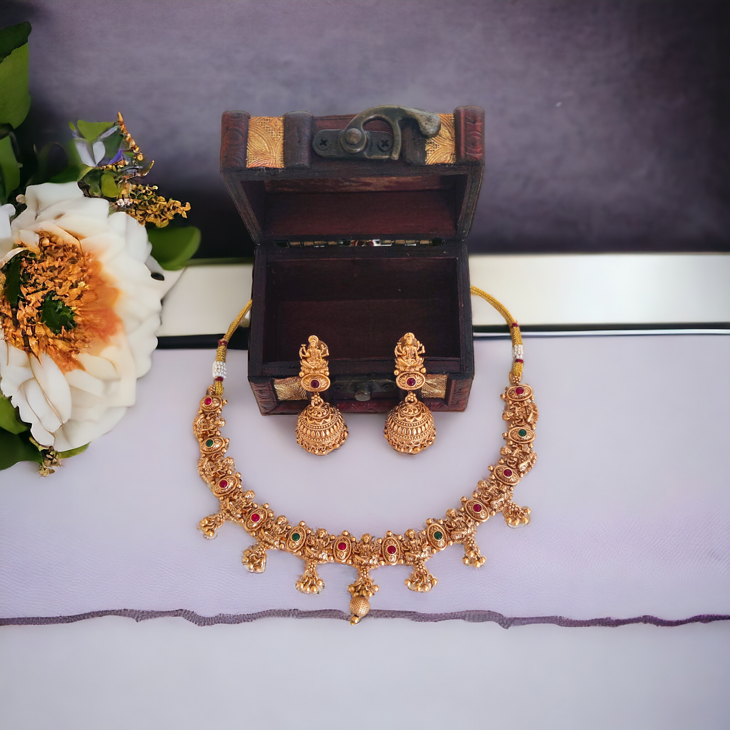 Lakshmi Necklace Set With Golden Beads - Matte Finish TS18