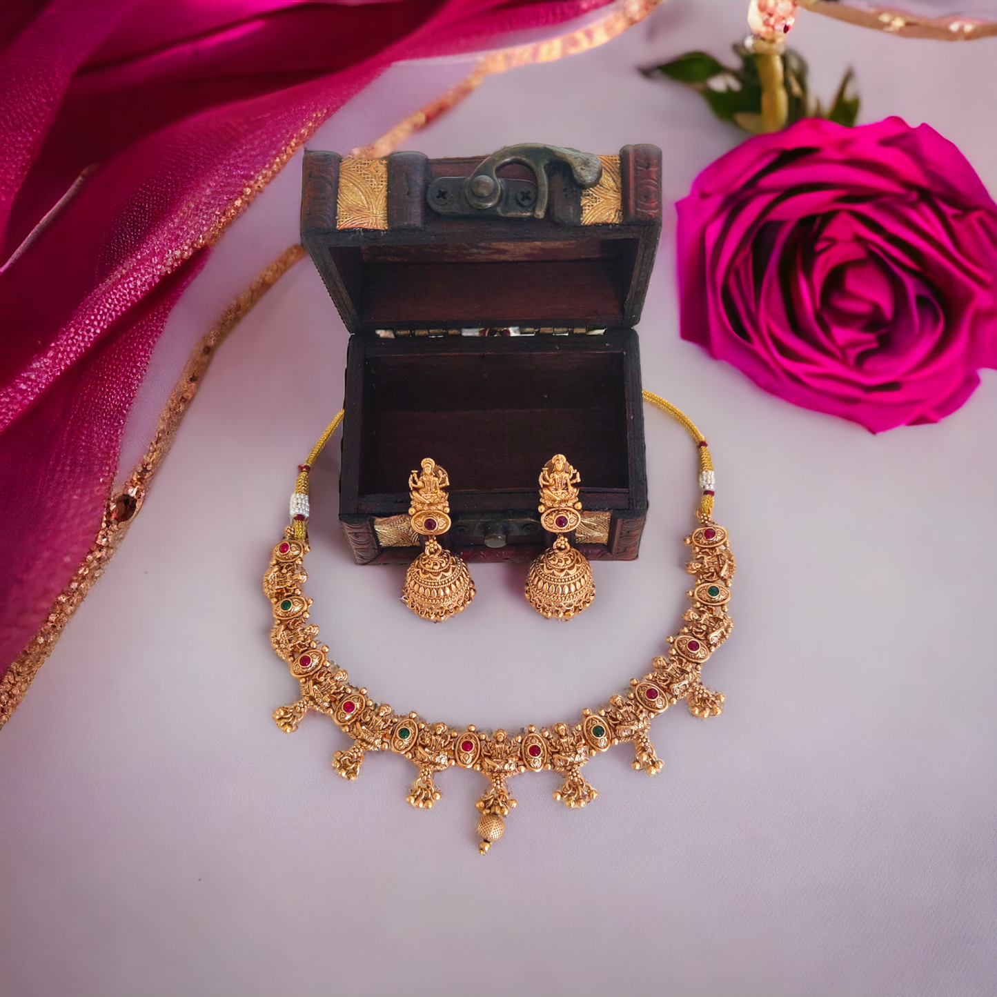 Lakshmi Necklace Set With Golden Beads - Matte Finish TS18