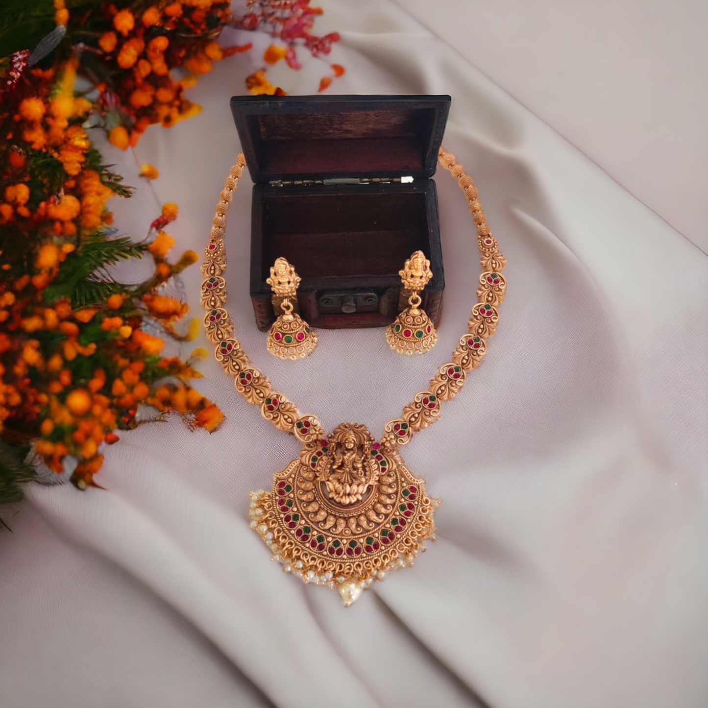 Lakshmi Long Chain Set With Pearl Beads - Matte Finish TS17