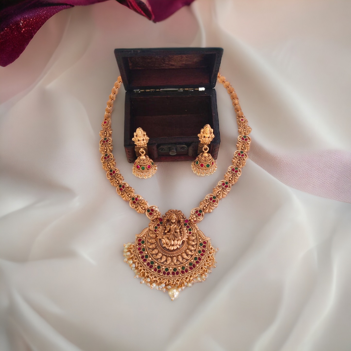 Lakshmi Long Chain Set With Pearl Beads - Matte Finish TS17