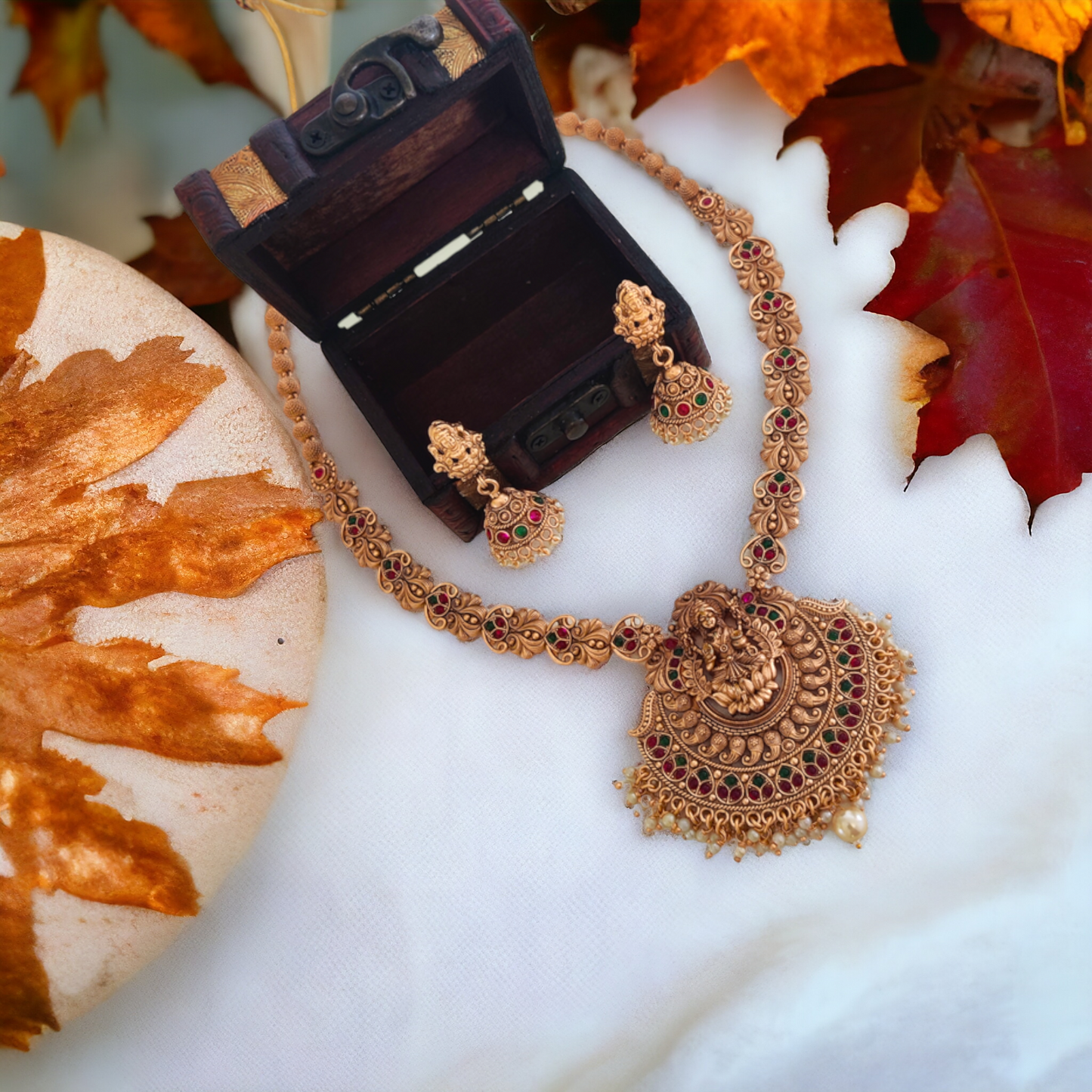 Lakshmi Long Chain Set With Pearl Beads - Matte Finish TS17