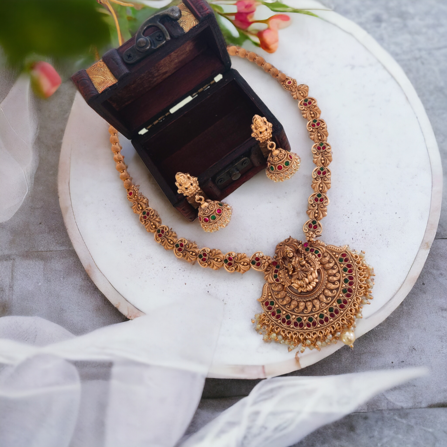 Lakshmi Long Chain Set With Pearl Beads - Matte Finish TS17