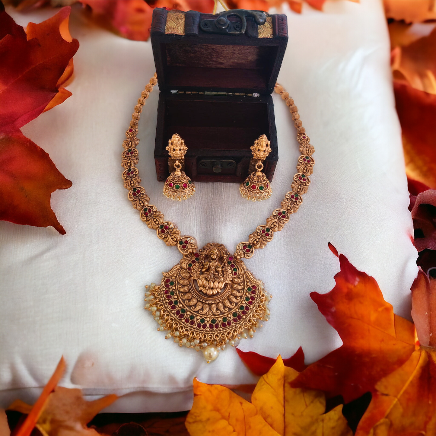 Lakshmi Long Chain Set With Pearl Beads - Matte Finish TS17