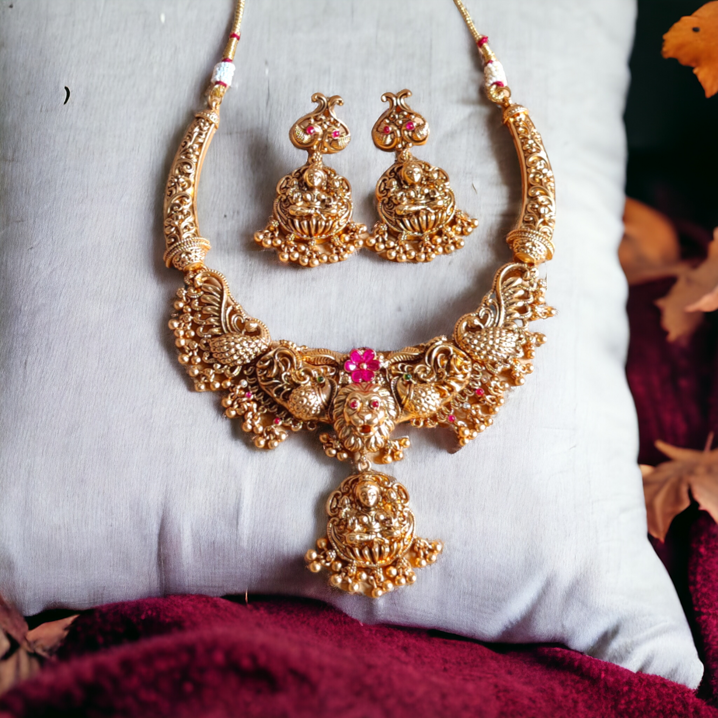 Lakshmi Necklace Set With Golden Beads - Matte Finish TS16
