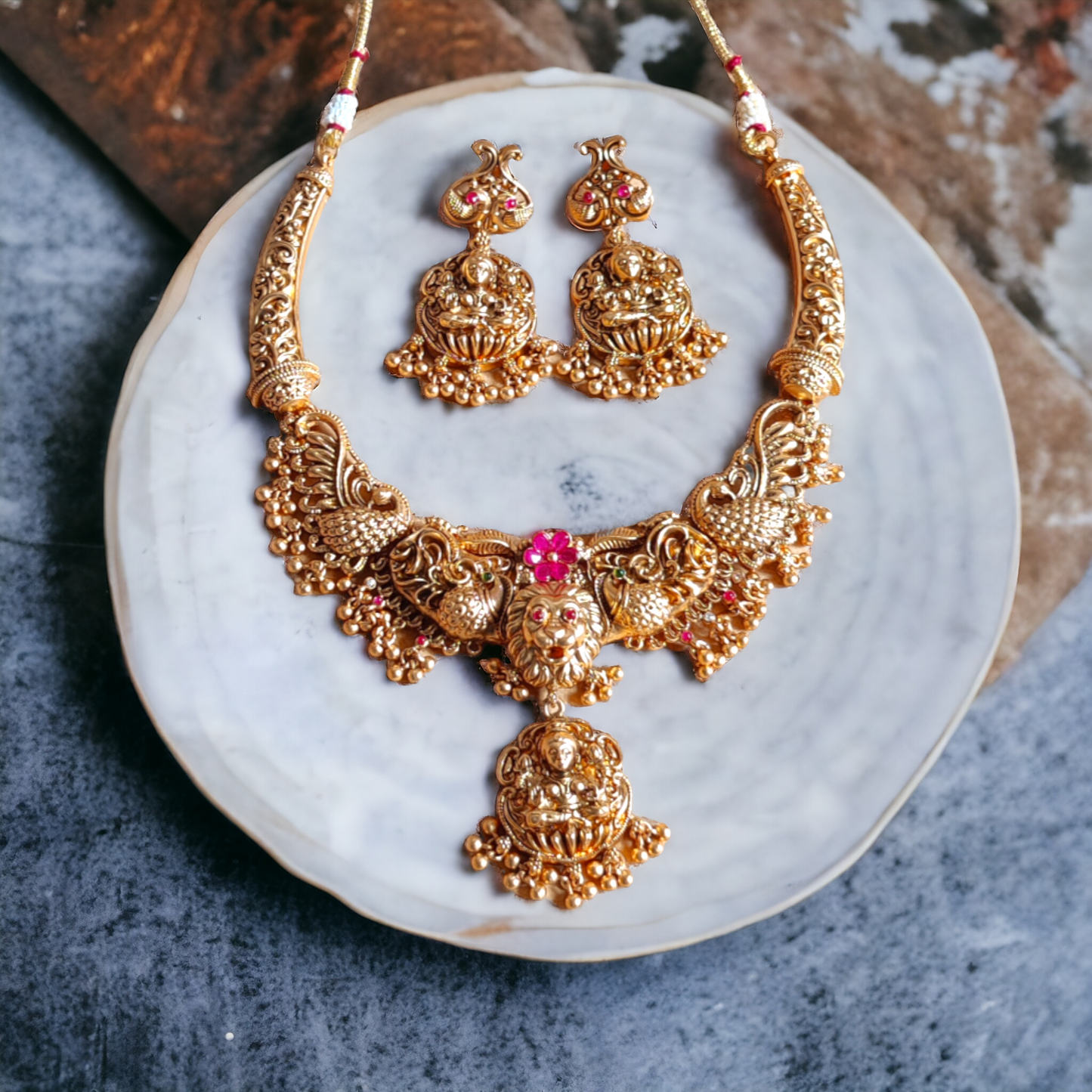 Lakshmi Necklace Set With Golden Beads - Matte Finish TS16