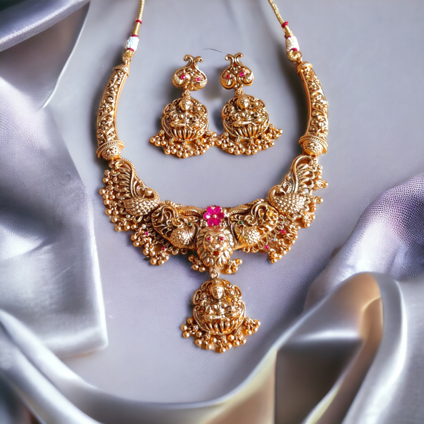 Lakshmi Necklace Set With Golden Beads - Matte Finish TS16