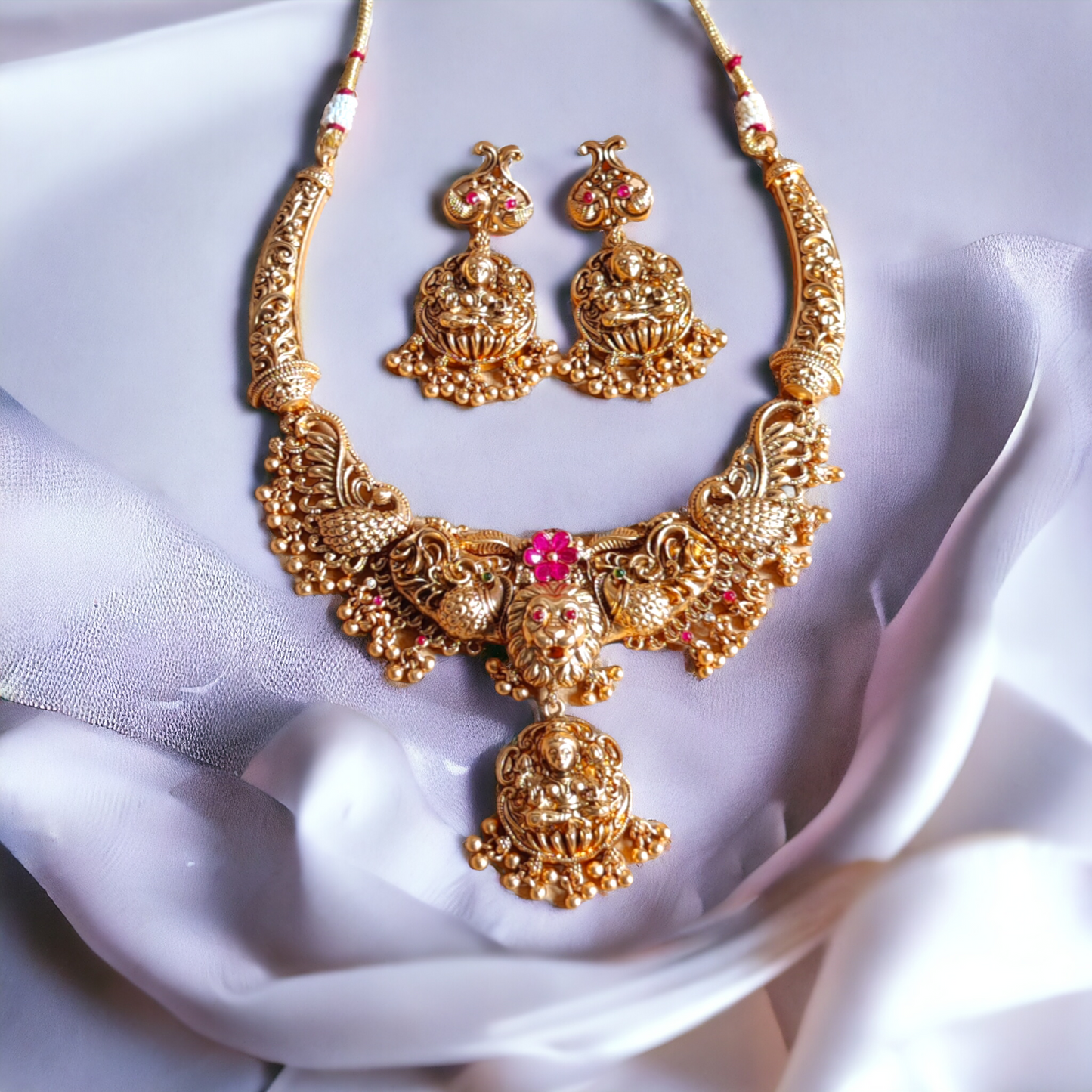 Lakshmi Necklace Set With Golden Beads - Matte Finish TS16