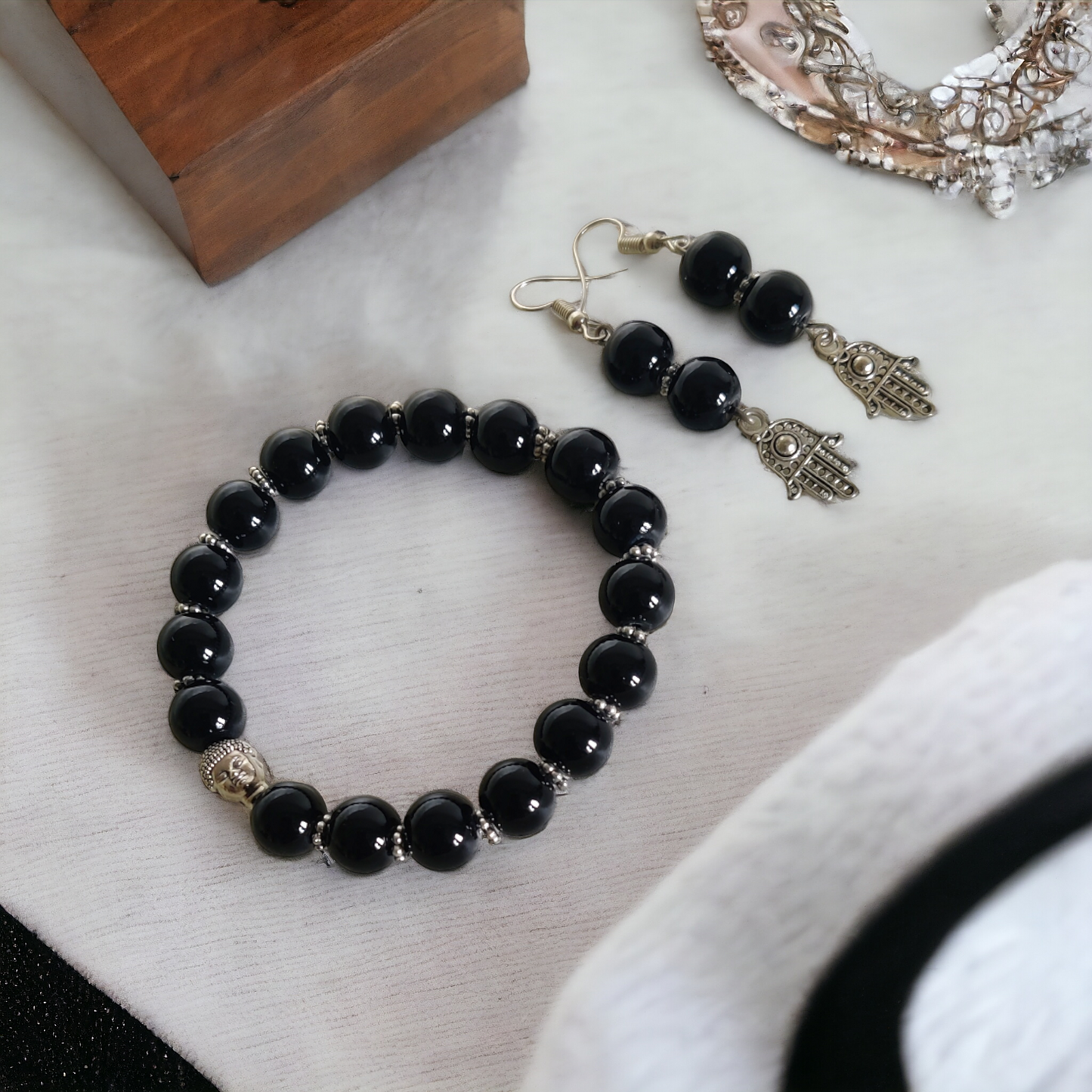 Black Glass Beads Bracelet & Earrings Set With Cute Metal Charms