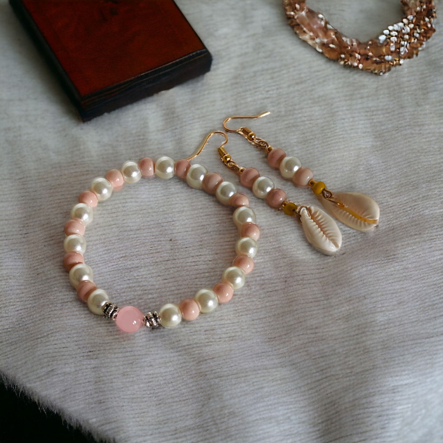 Pearls, Clay Beads Bracelet & Earrings Set With Cute Metal Charms