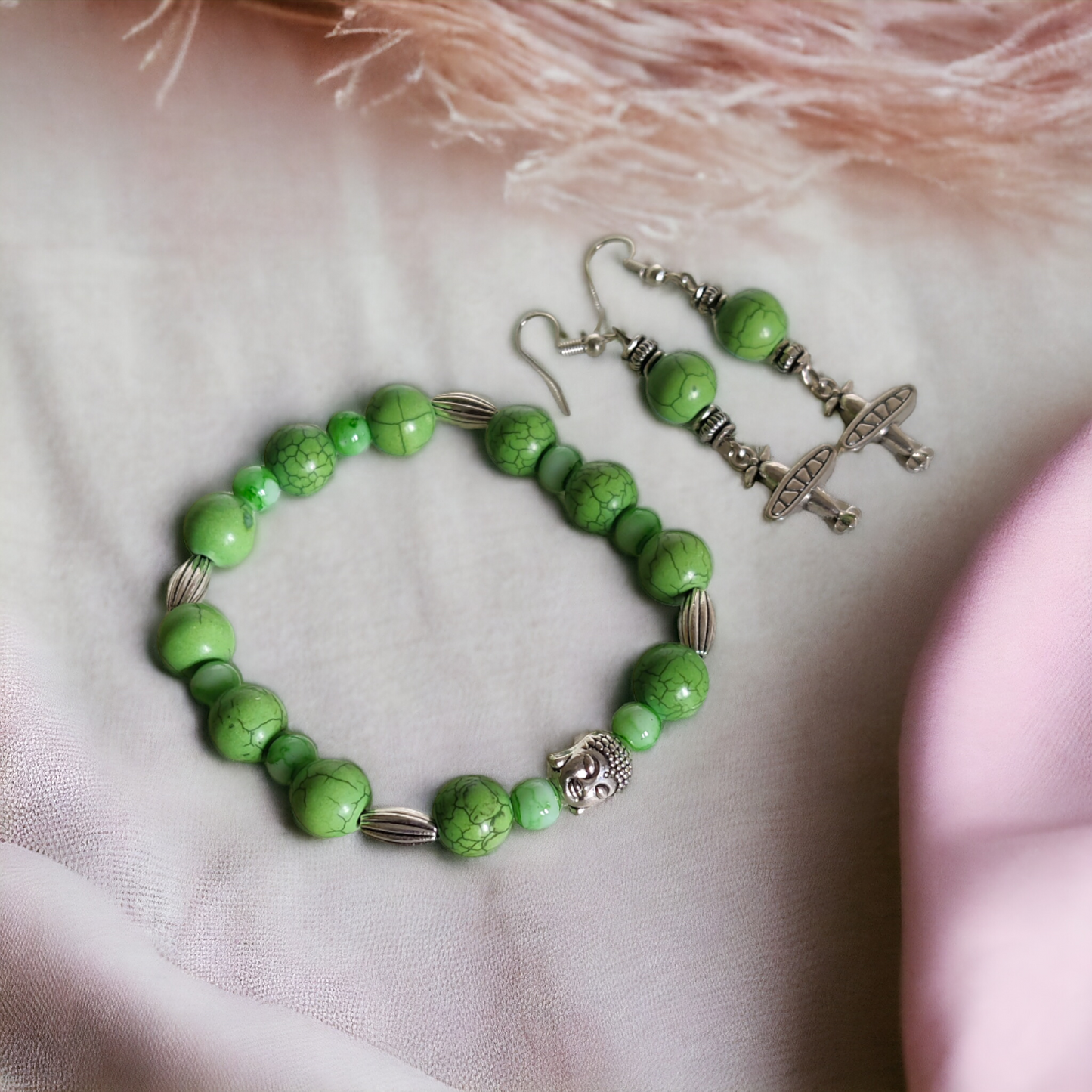 Green Clay Beads Bracelet & Earrings Set With Cute Metal Charms