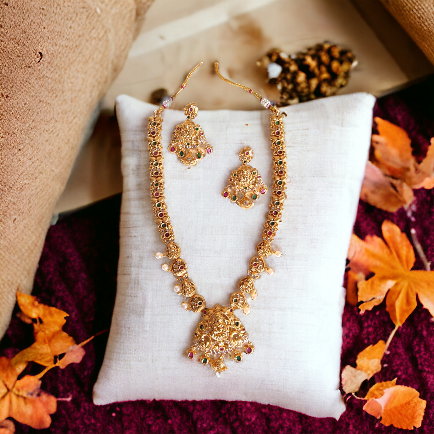 Traditional Kundan With Pearls Lakshmi Necklace Set - Matte Finish TS15
