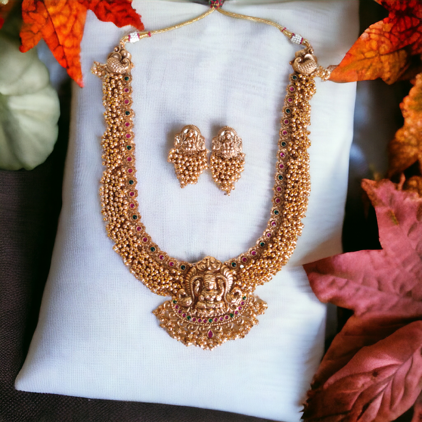 Golden Beads Lakshmi Necklace Set - Matte Finish TS12