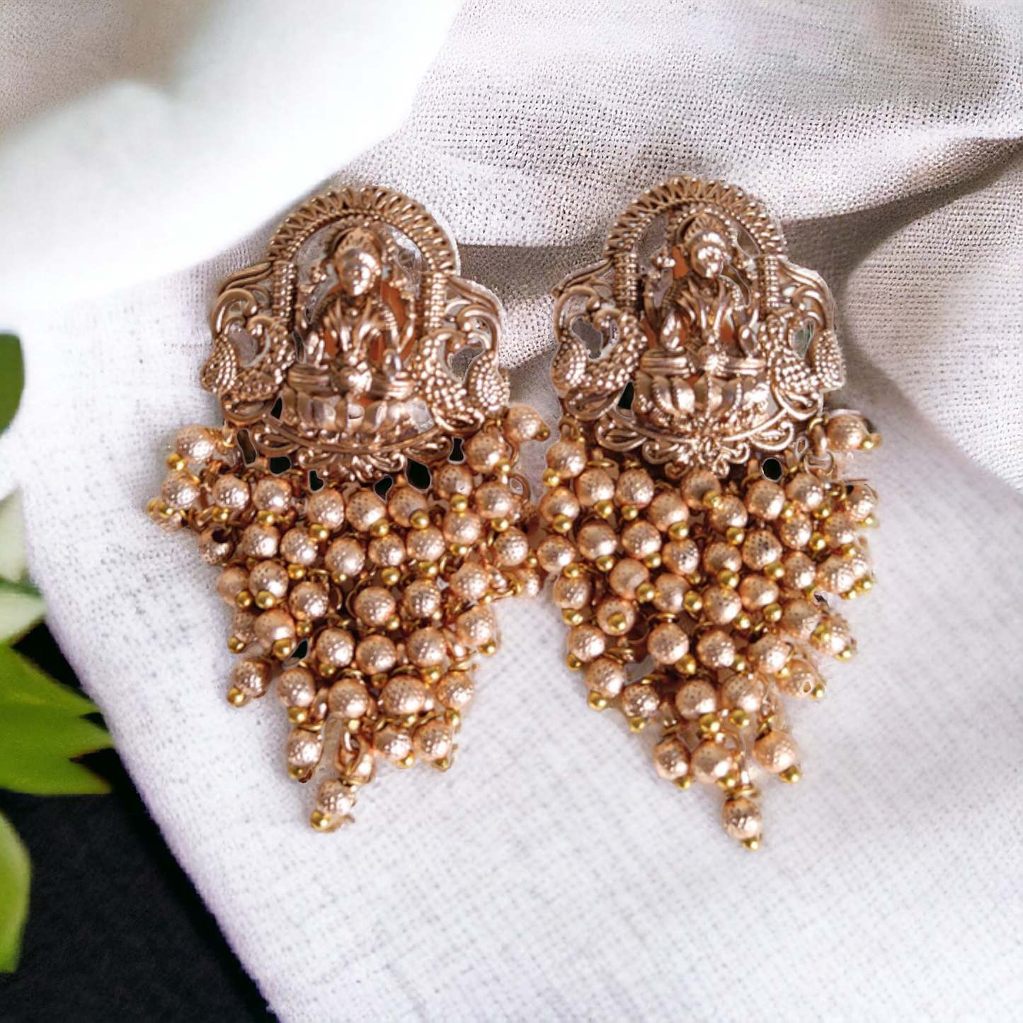 Golden Beads Lakshmi Necklace Set - Matte Finish TS12