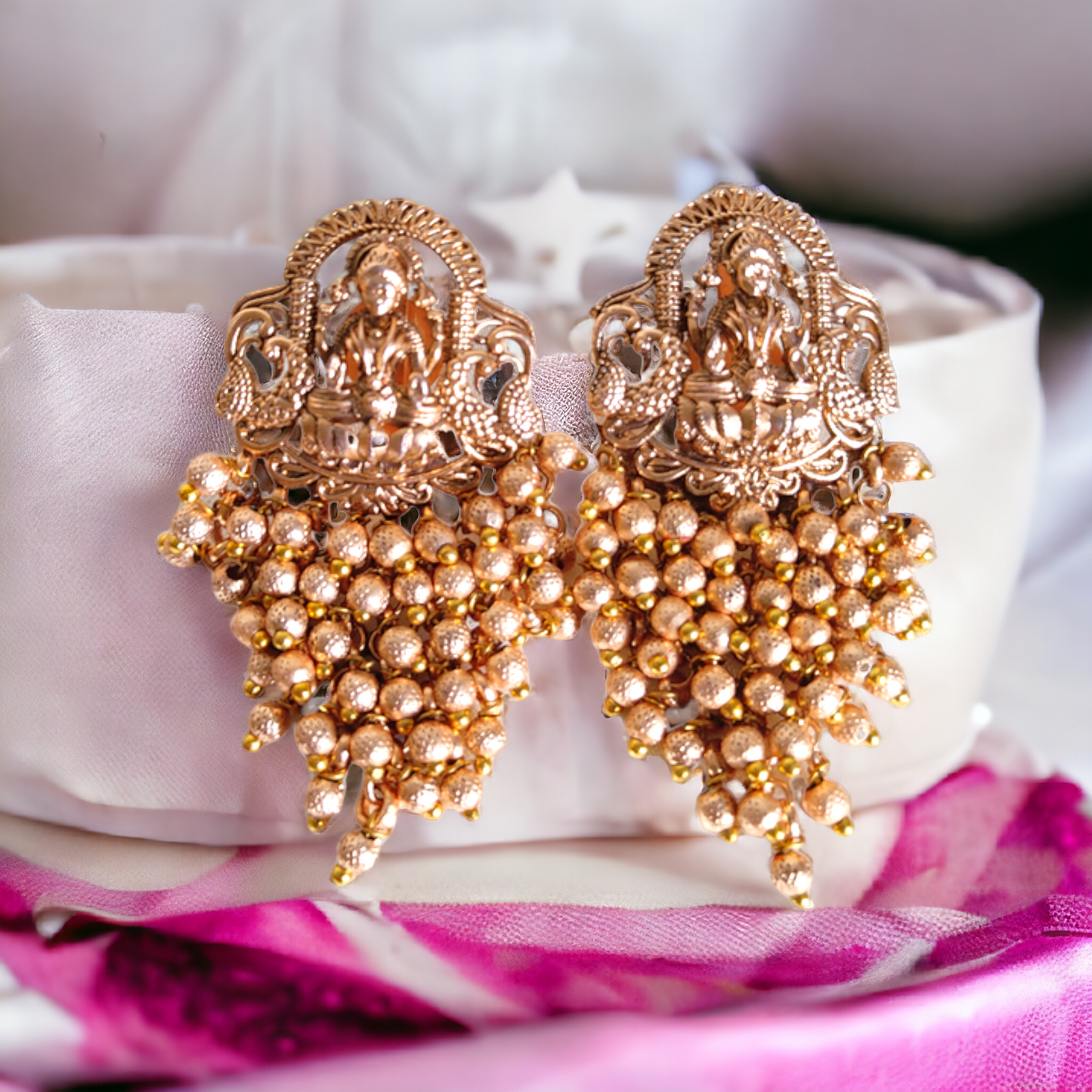 Golden Beads Lakshmi Necklace Set - Matte Finish TS12
