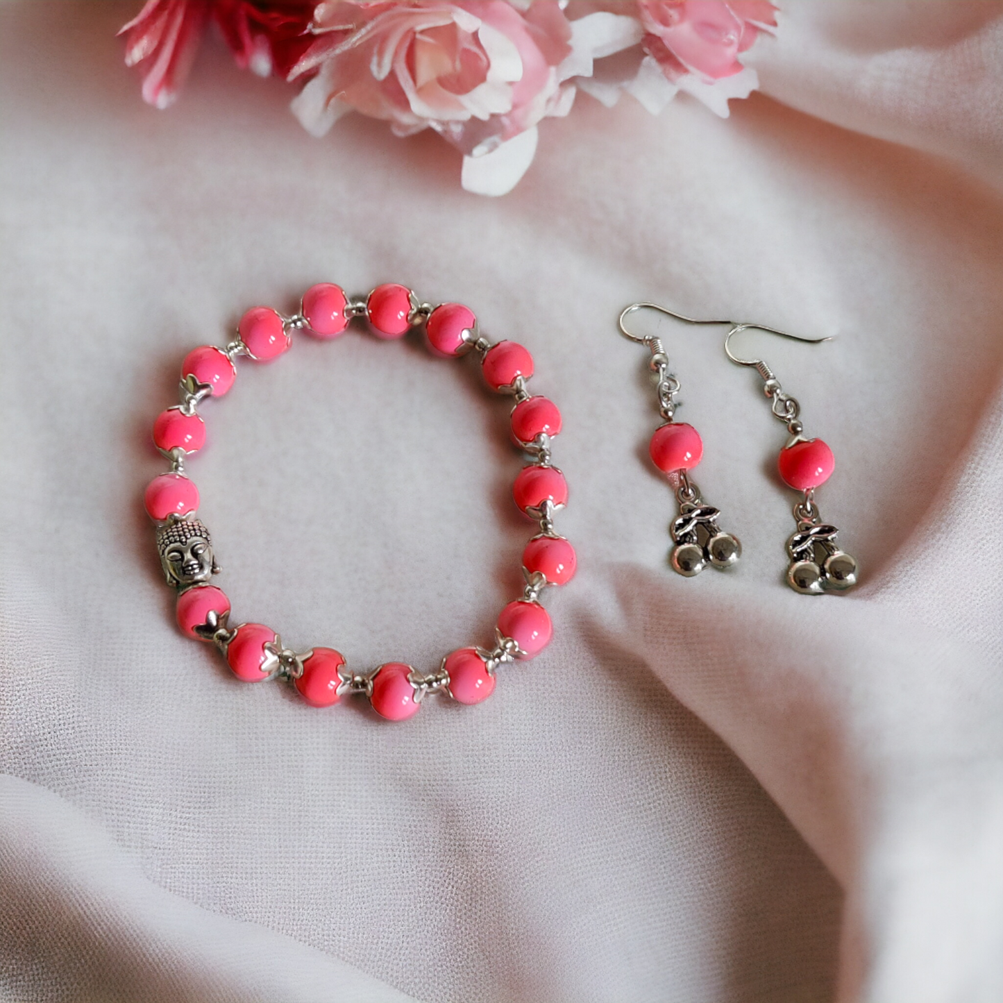 Pink Clay Beads Bracelet & Earrings Set Adorned With Cute Metal Charms