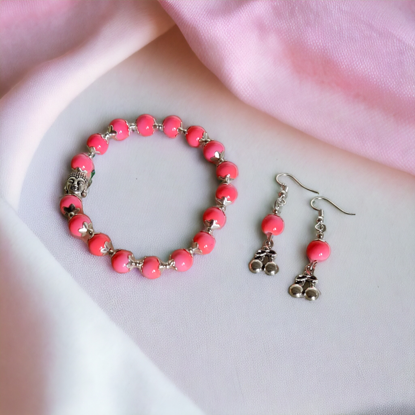Pink Clay Beads Bracelet & Earrings Set Adorned With Cute Metal Charms