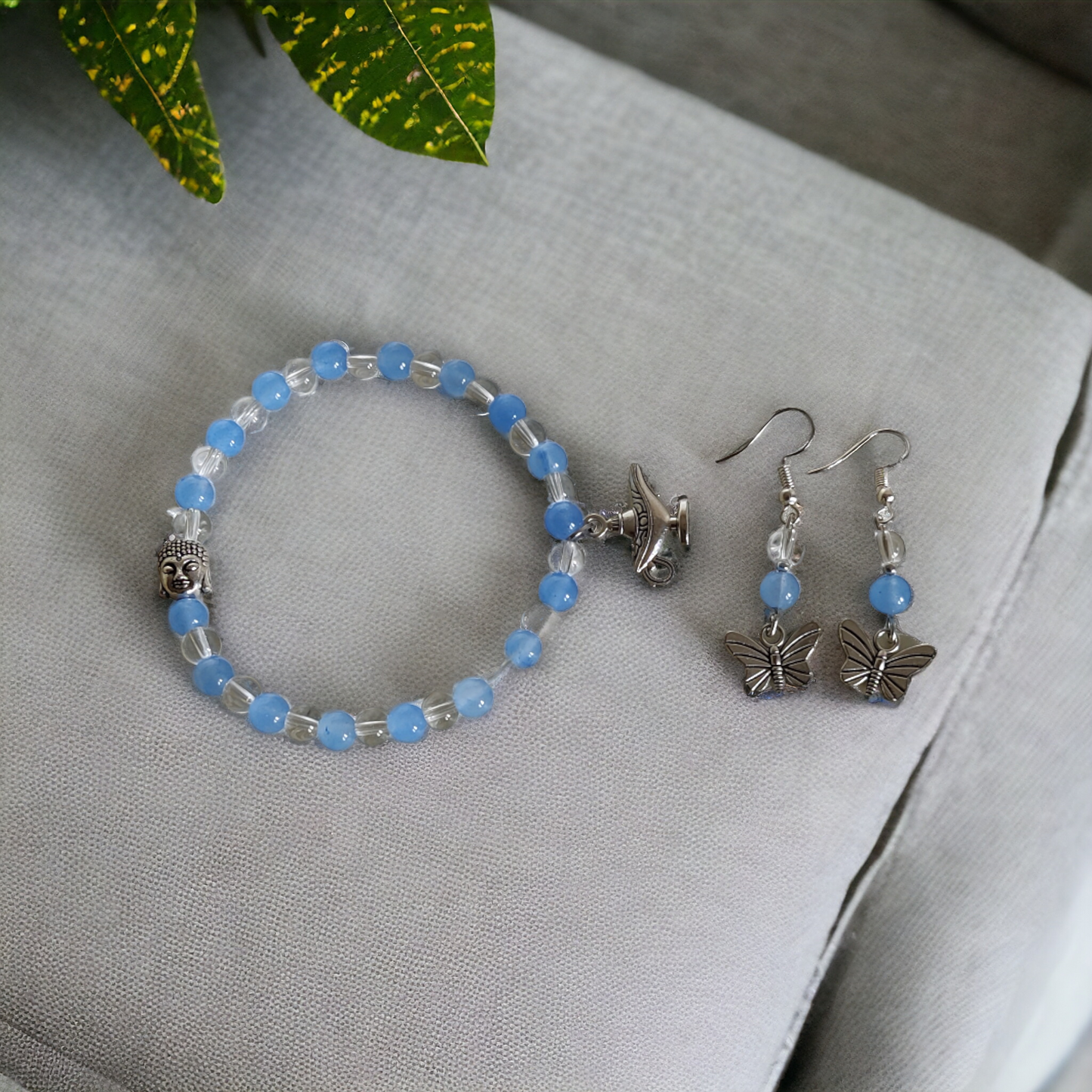 Blue Glass Beads Bracelet & Earrings Set Adorned With Cute Metal Charms