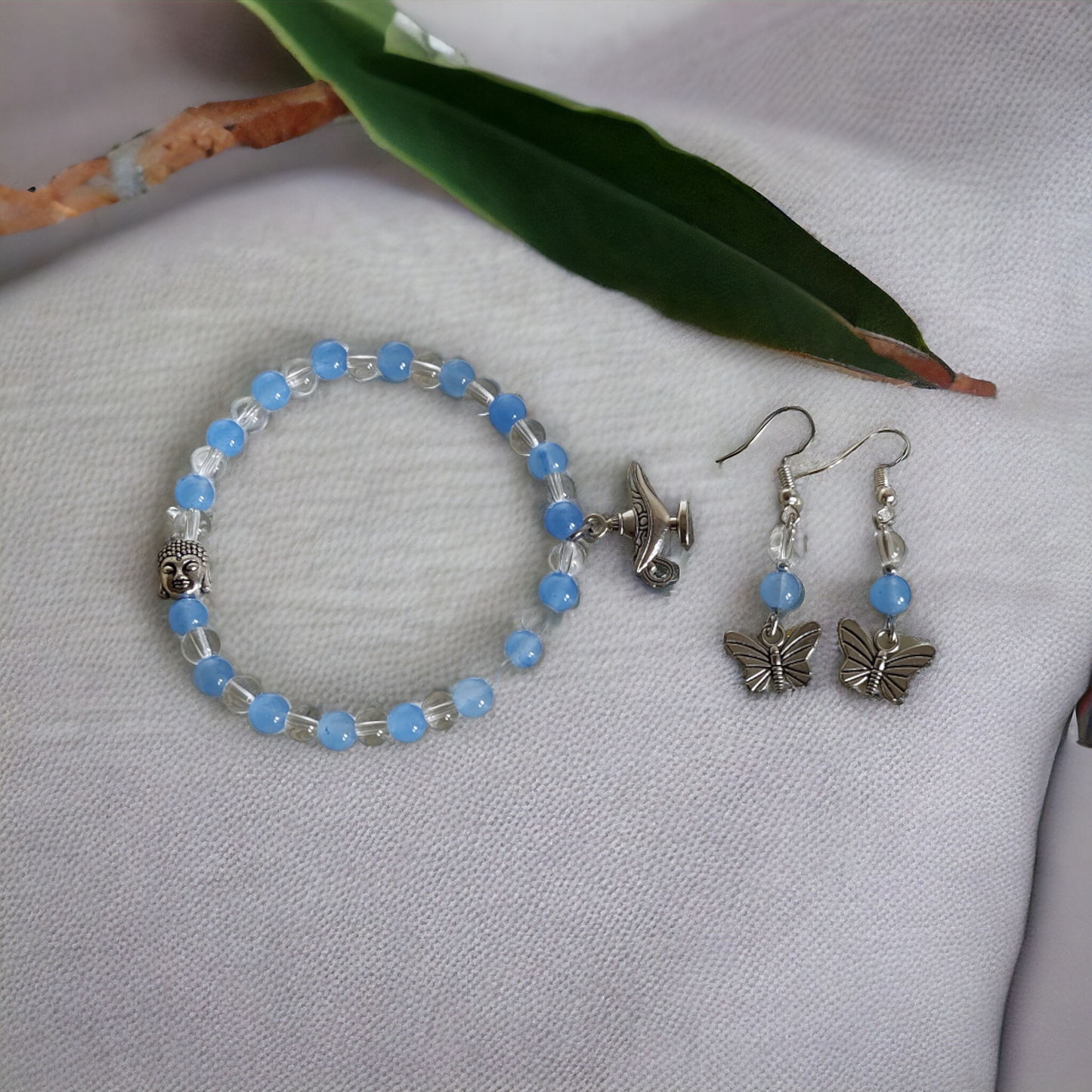 Blue Glass Beads Bracelet & Earrings Set Adorned With Cute Metal Charms