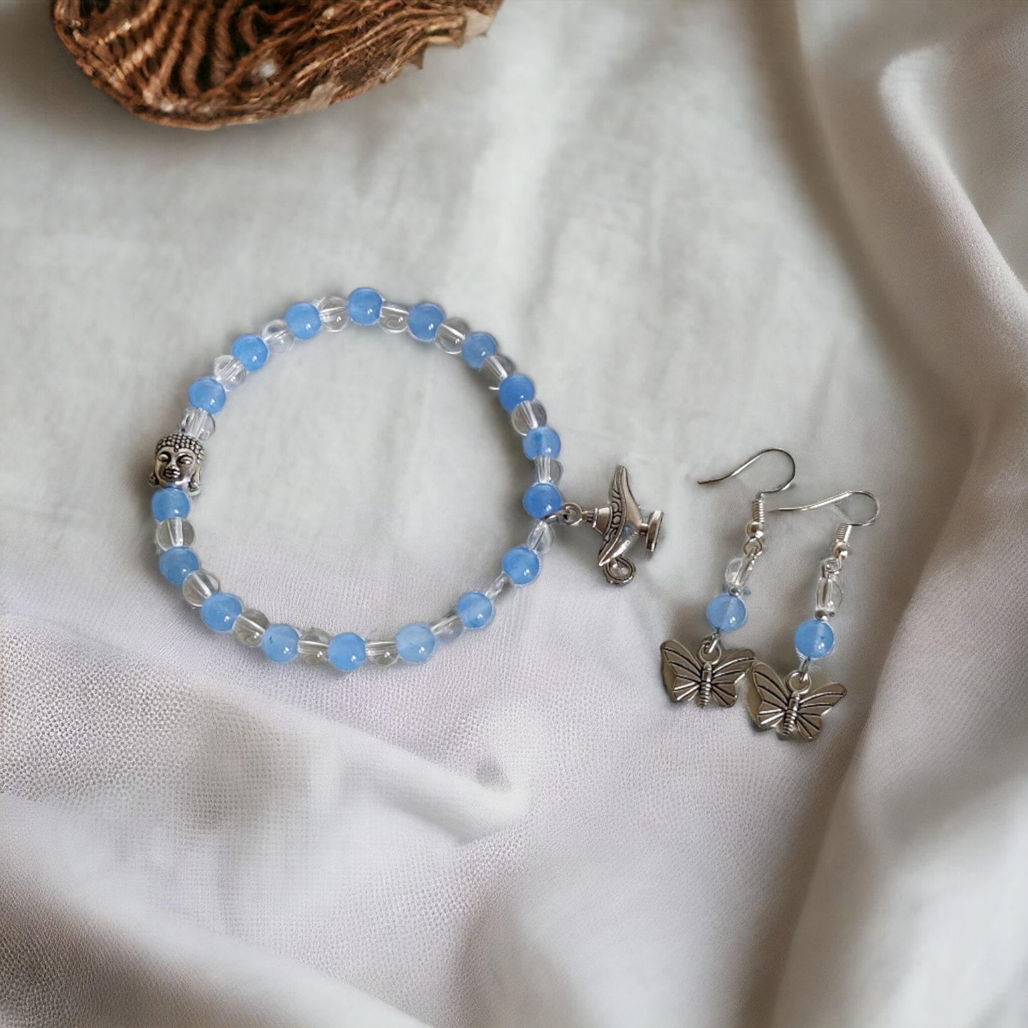 Blue Glass Beads Bracelet & Earrings Set Adorned With Cute Metal Charms