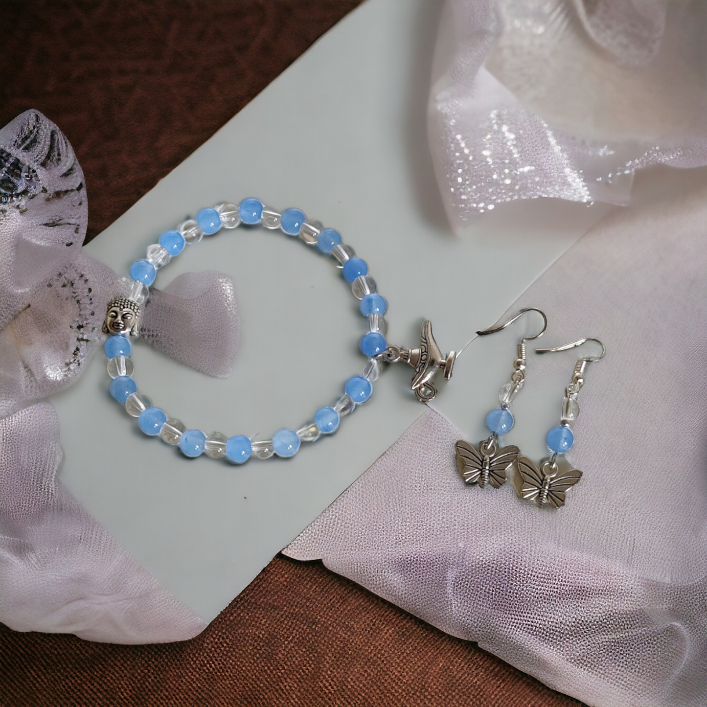 Blue Glass Beads Bracelet & Earrings Set Adorned With Cute Metal Charms
