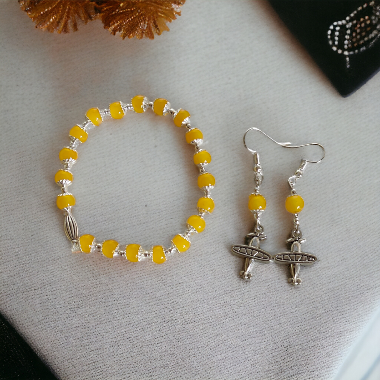Yellow Glass Beads Bracelet & Earrings Set Adorned With Cute Metal Charms