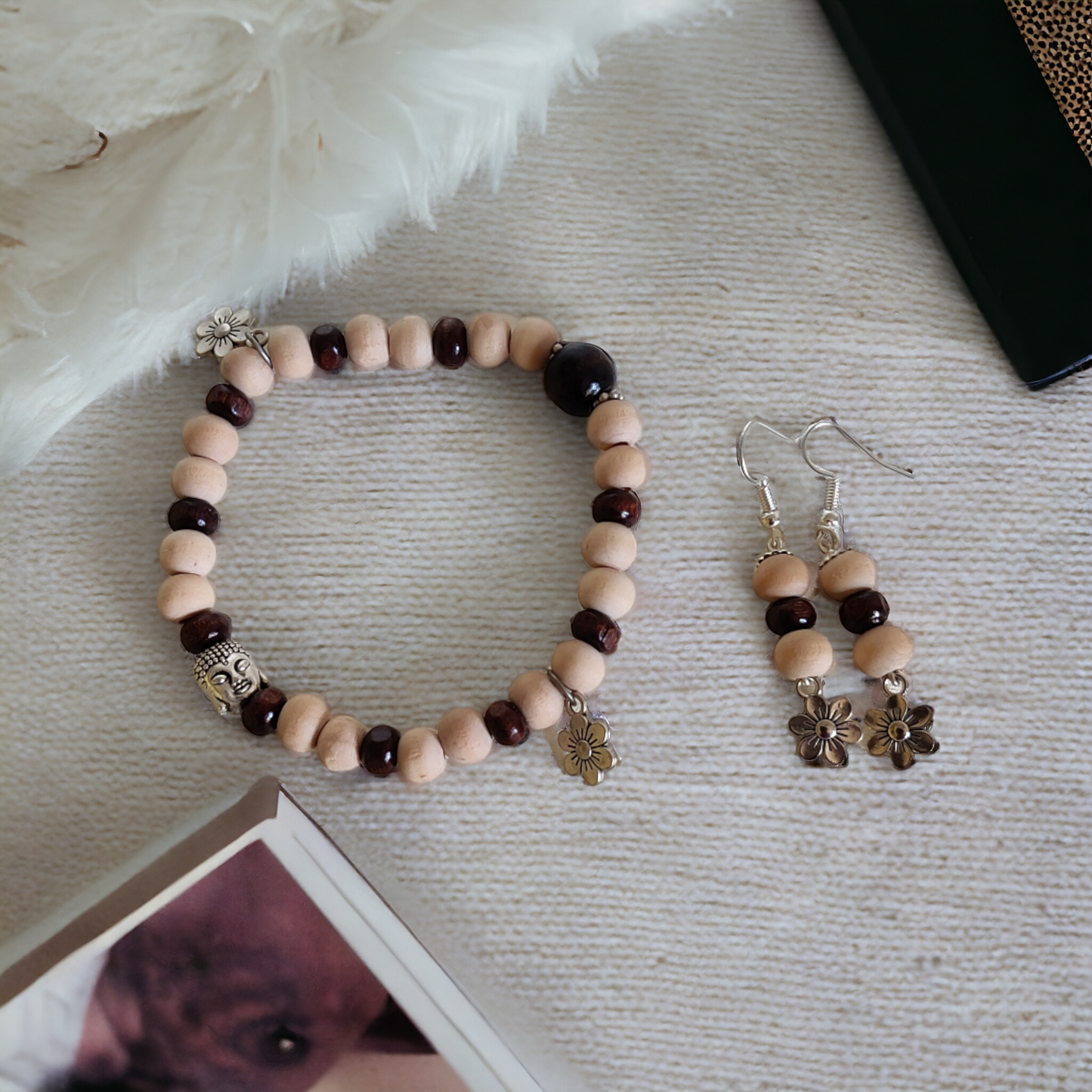 Wooden Beads Bracelet & Earrings Set Adorned With Cute Metal Charms