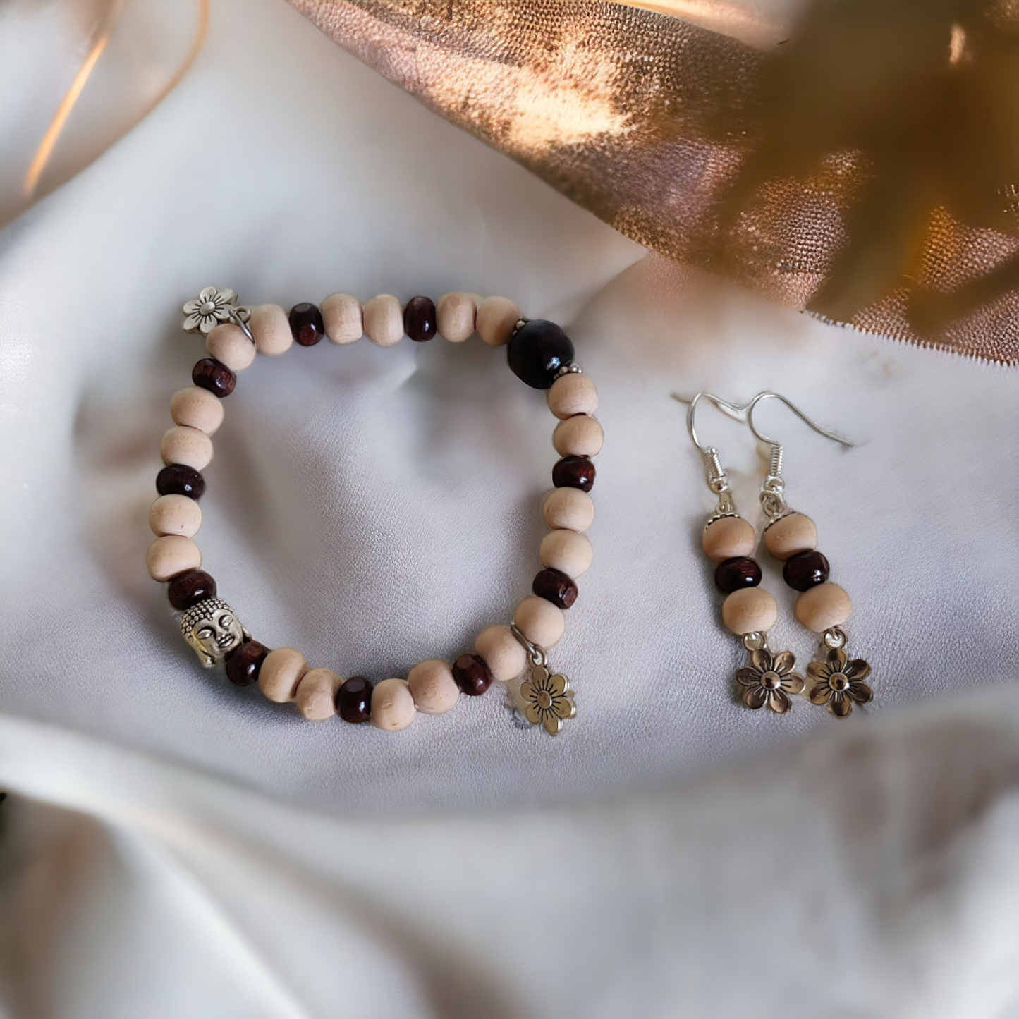 Wooden Beads Bracelet & Earrings Set Adorned With Cute Metal Charms