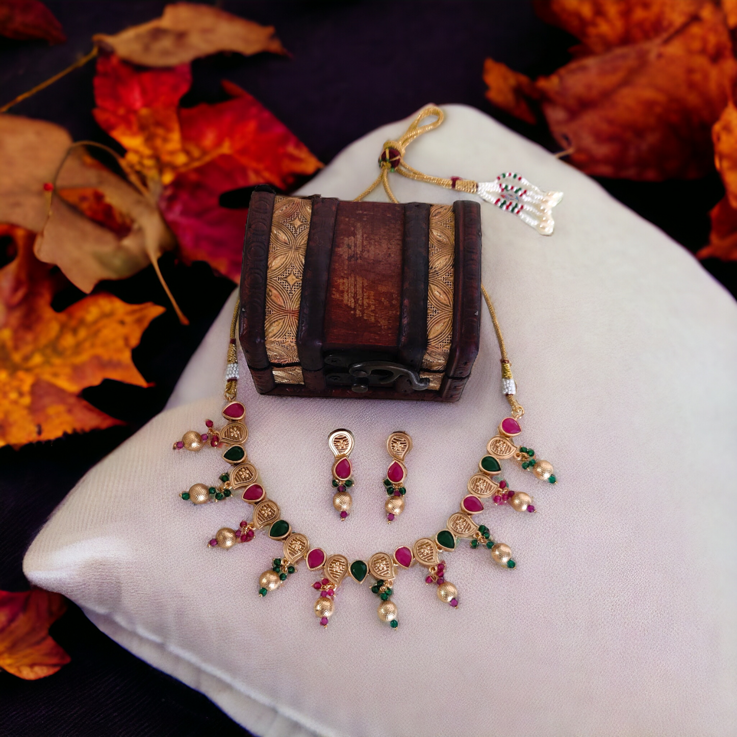 Traditional Red & Green Kundan Necklace Set - TS10