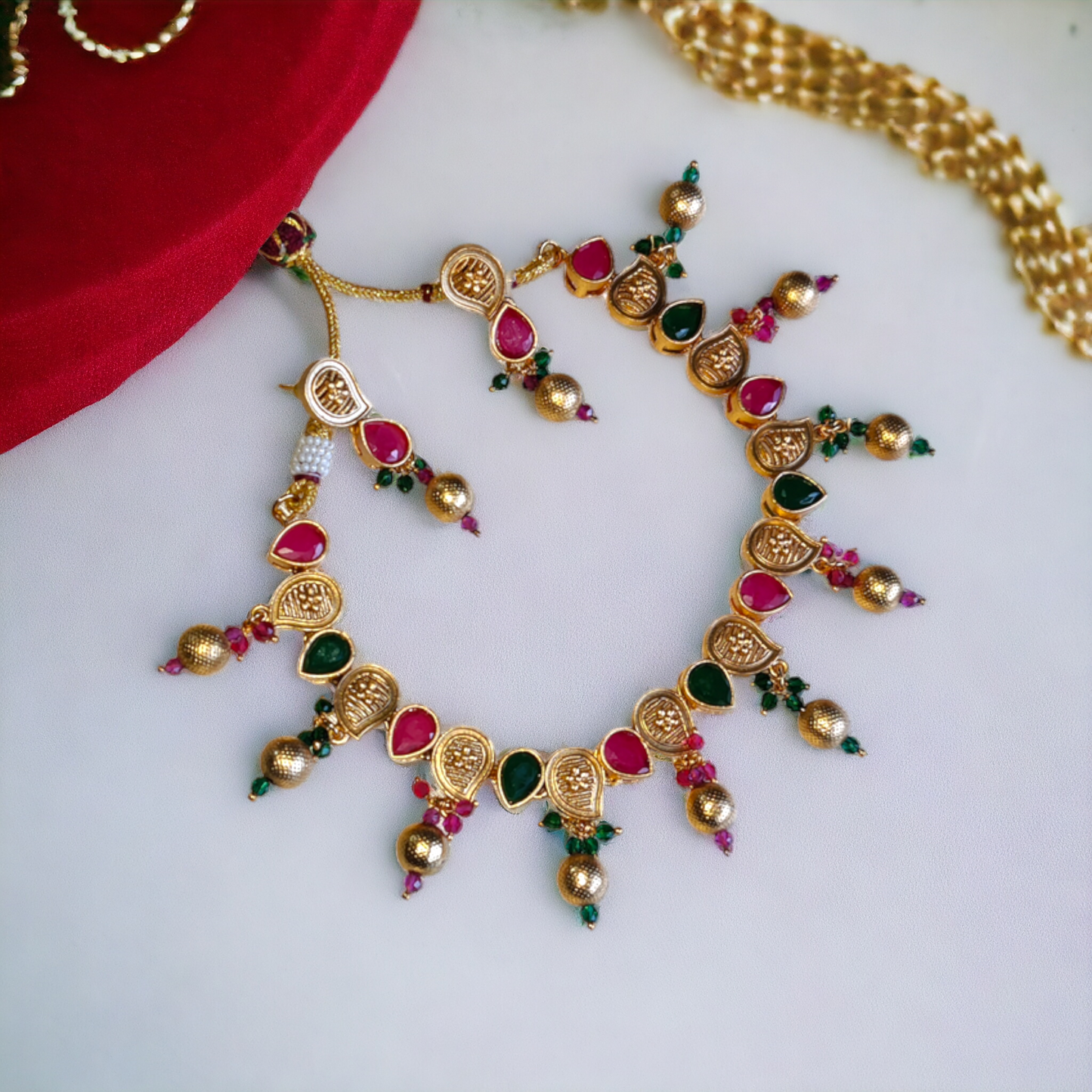Traditional Red & Green Kundan Necklace Set - TS10