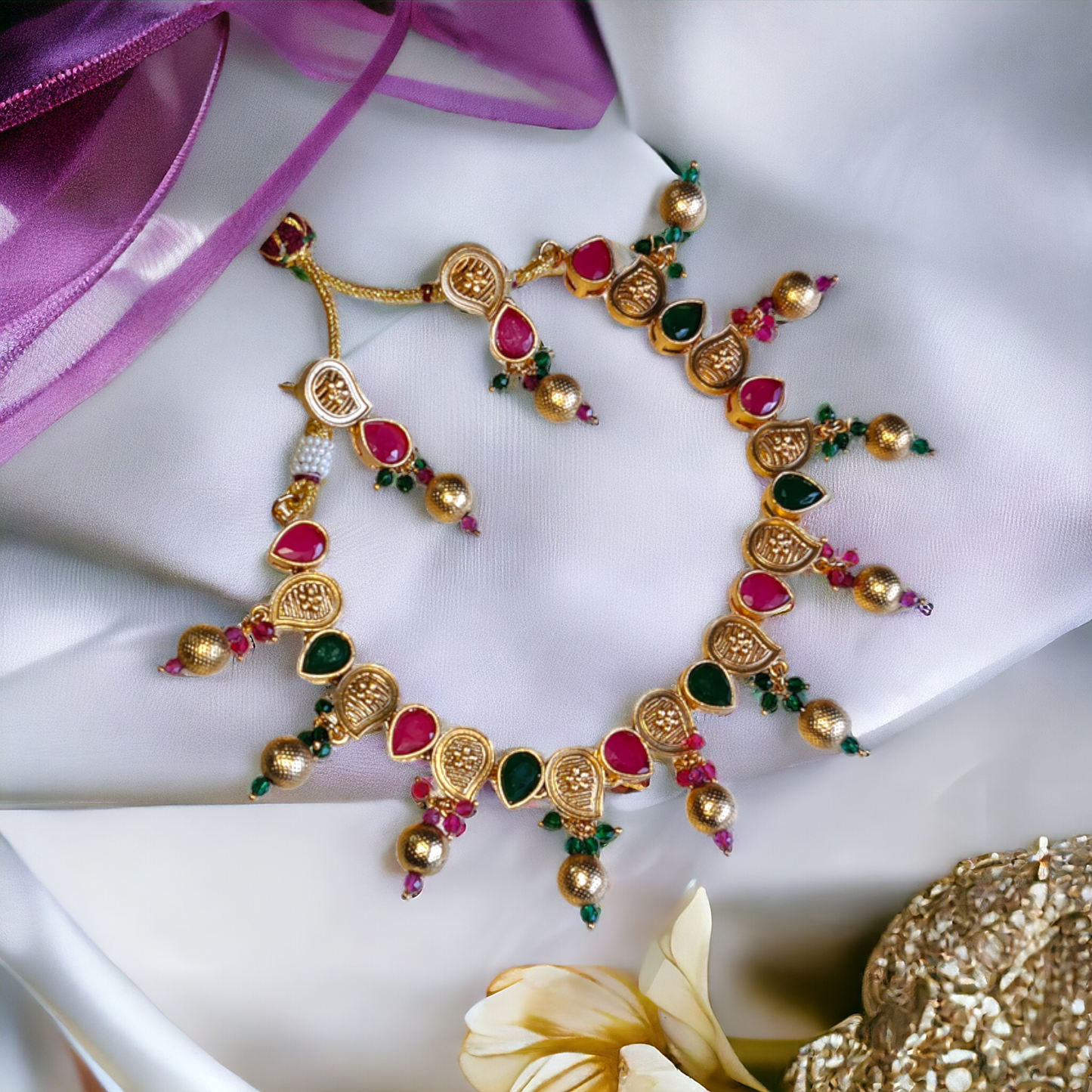 Traditional Red & Green Kundan Necklace Set - TS10