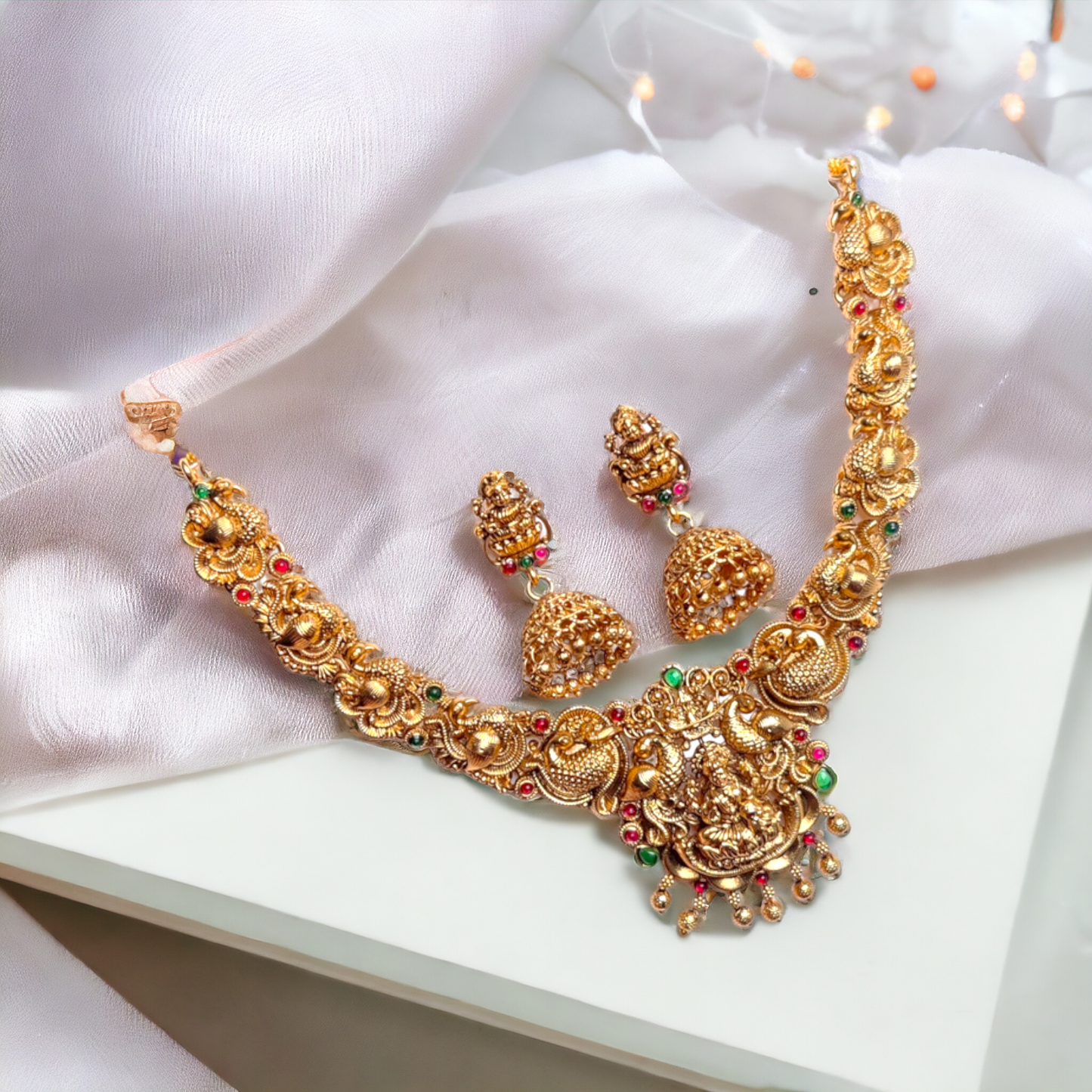 Golden Beads Studded With Red & Green Kundan Necklace Set - TS09