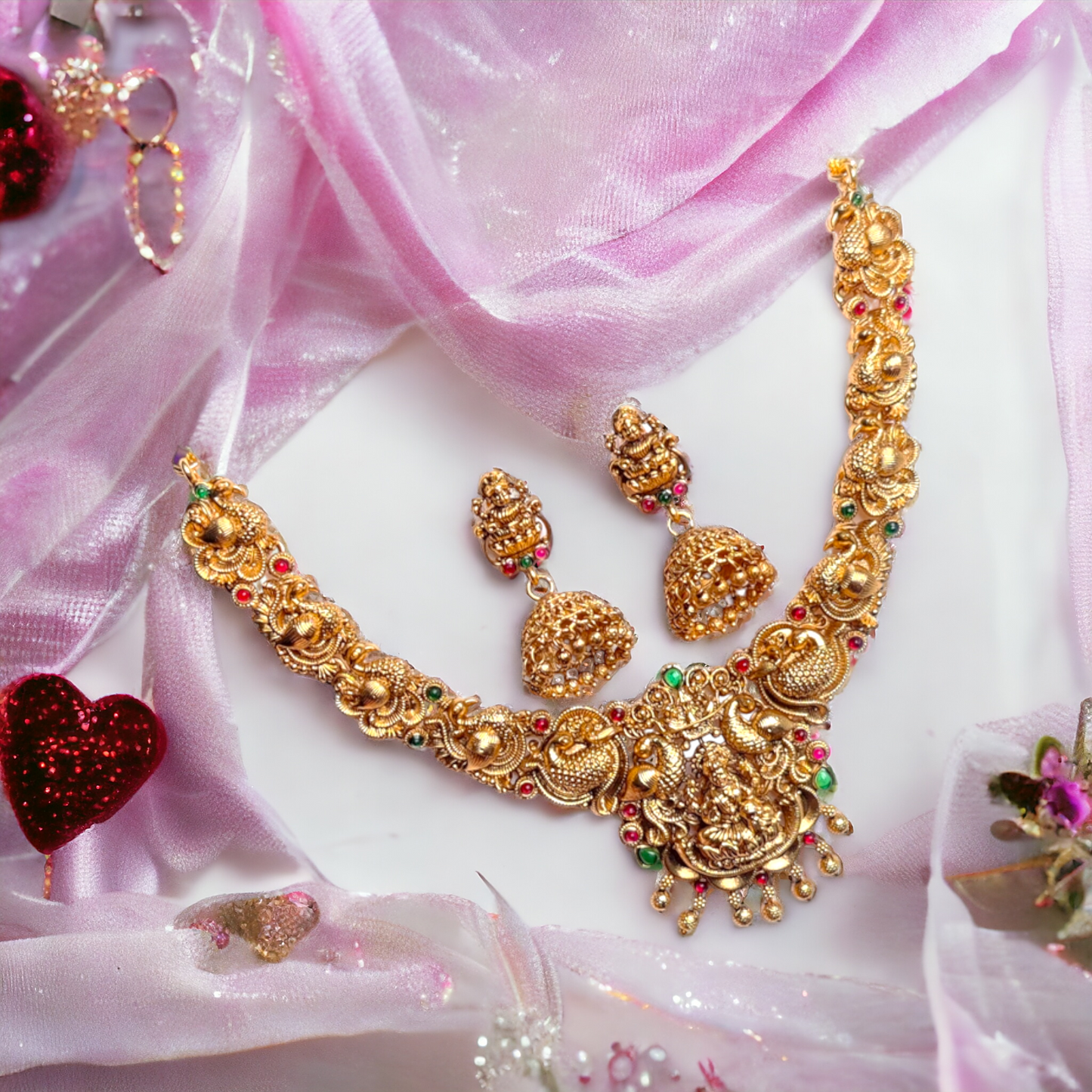 Golden Beads Studded With Red & Green Kundan Necklace Set - TS09