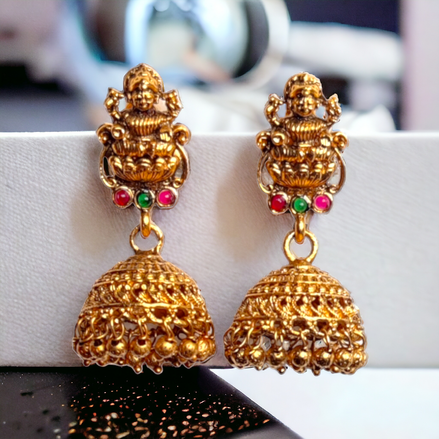 Golden Beads Studded With Red & Green Kundan Necklace Set - TS09