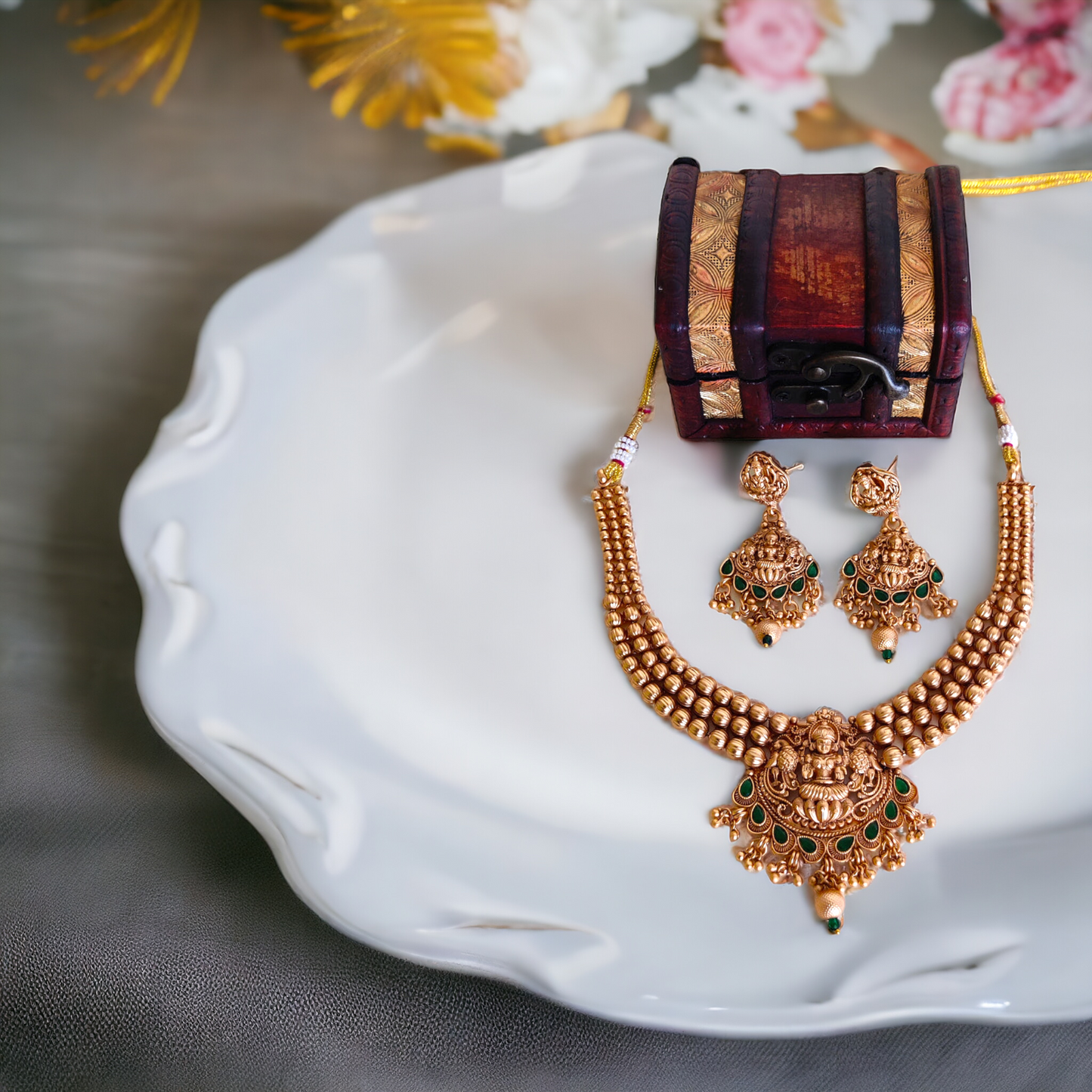 Golden Beads Studded With Green Kundan Lakshmi Necklace - TS07