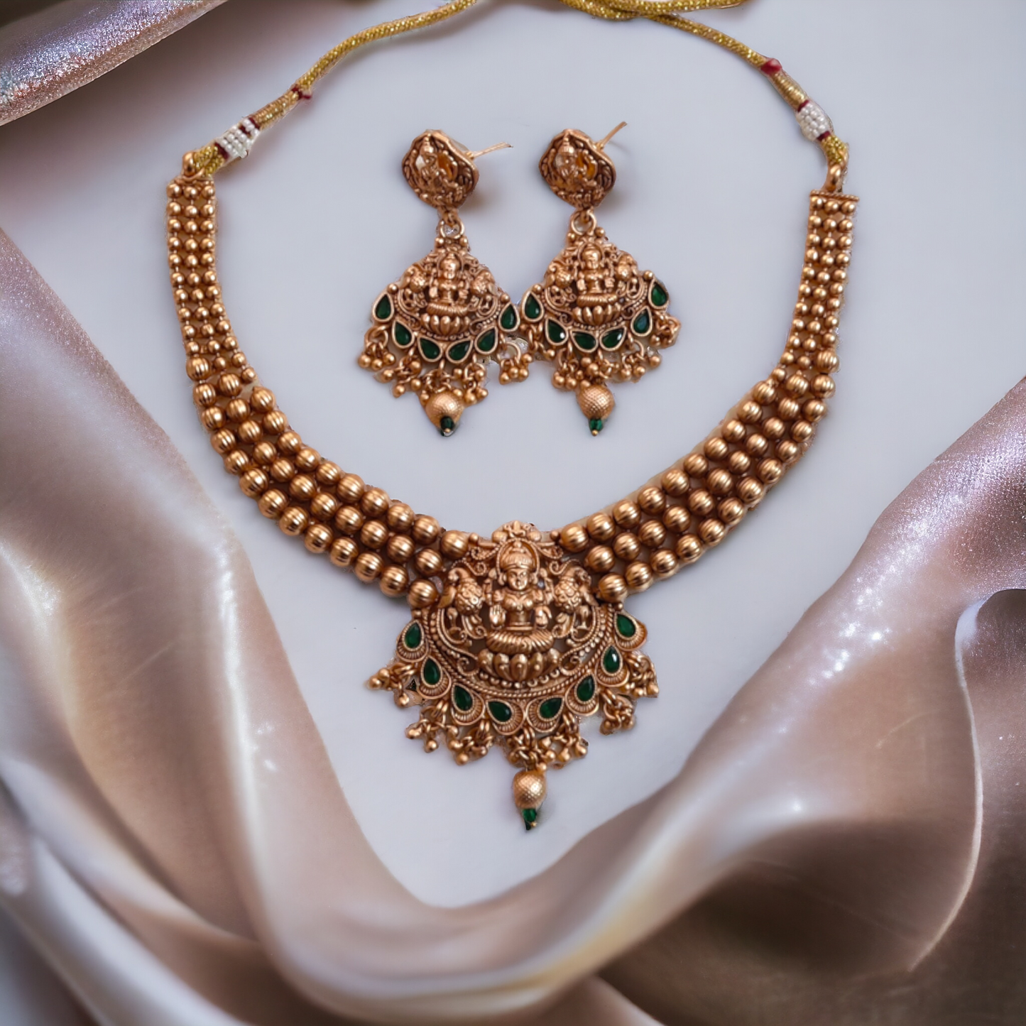 Golden Beads Studded With Green Kundan Lakshmi Necklace - TS07