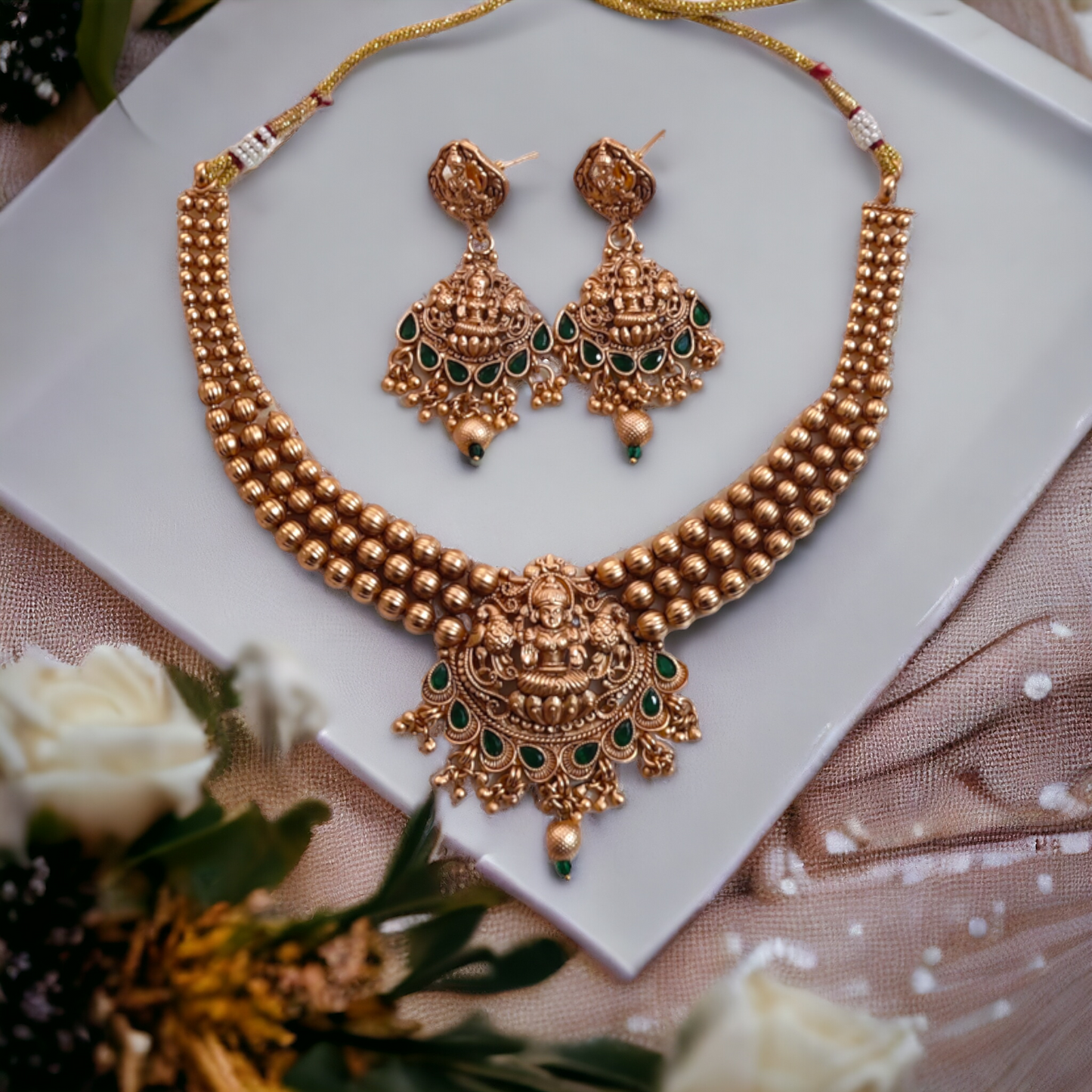 Golden Beads Studded With Green Kundan Lakshmi Necklace - TS07