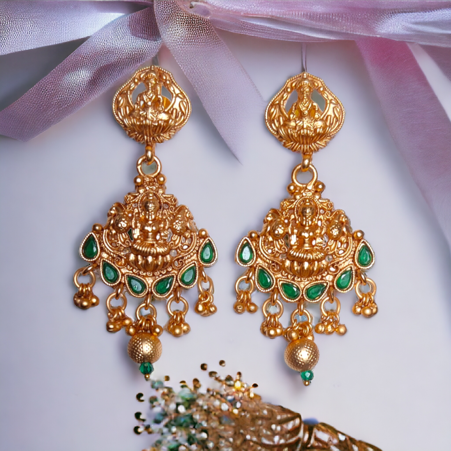 Golden Beads Studded With Green Kundan Lakshmi Necklace - TS07