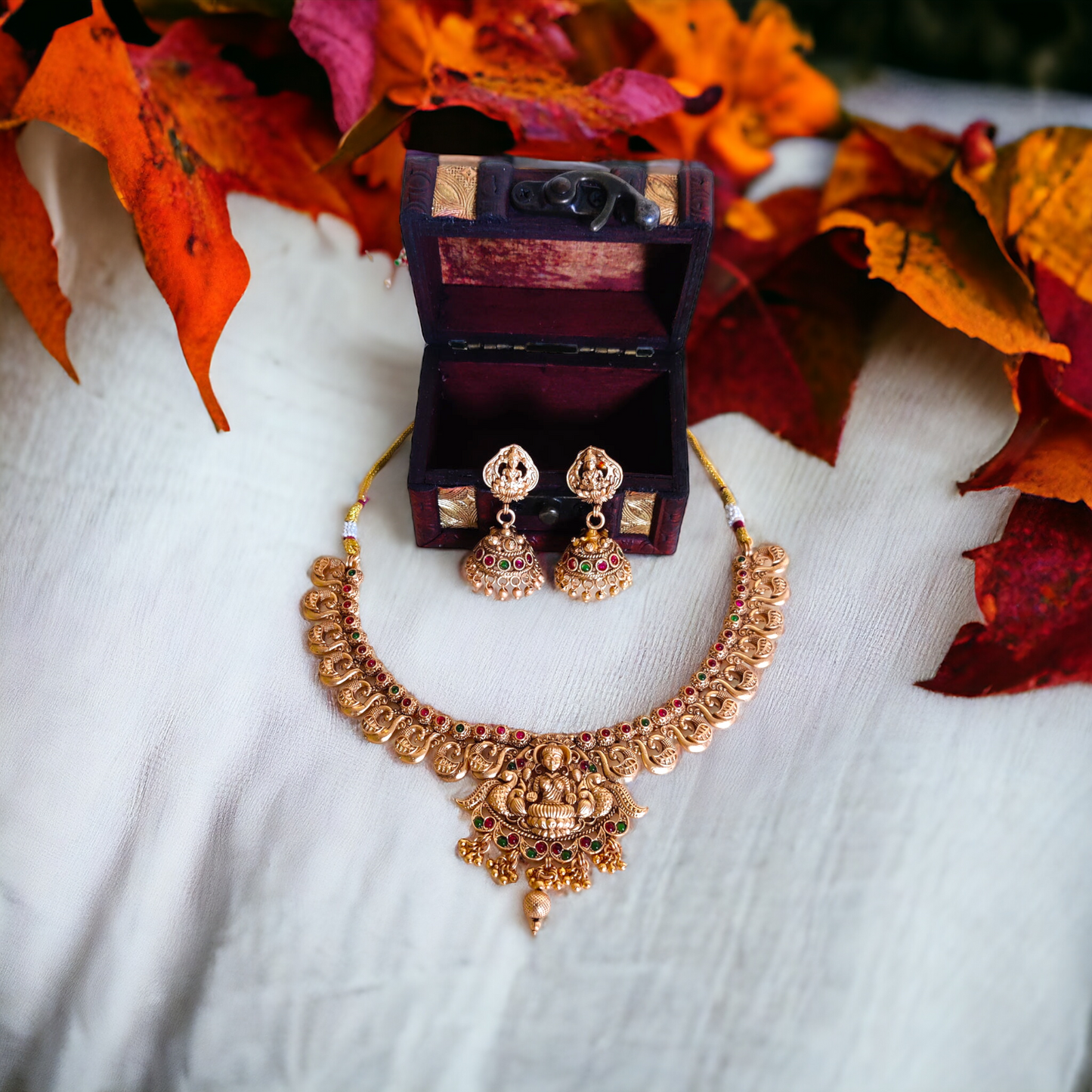 Lakshmi Necklace Set With Pink, Green Kundan - TS03