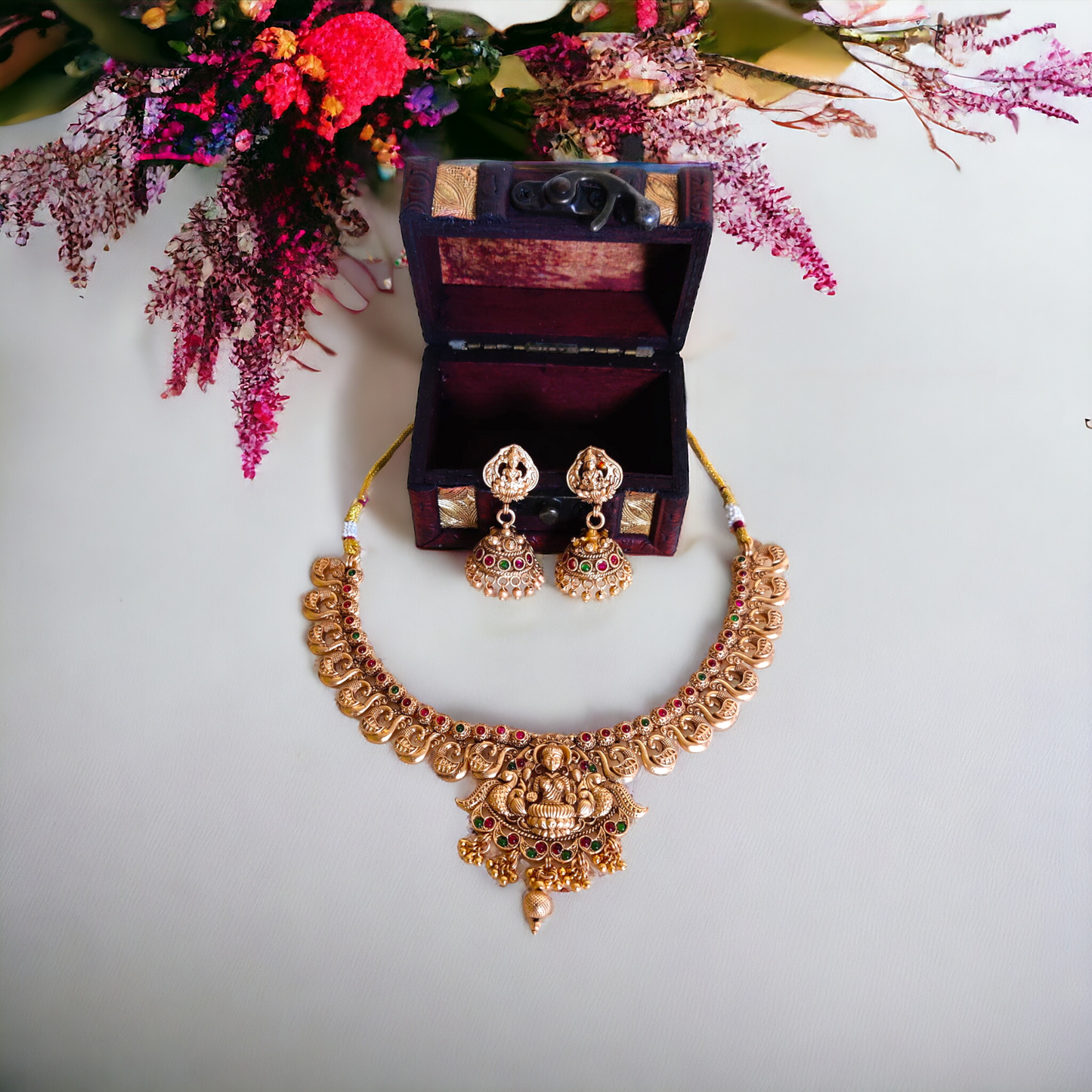 Lakshmi Necklace Set With Pink, Green Kundan - TS03