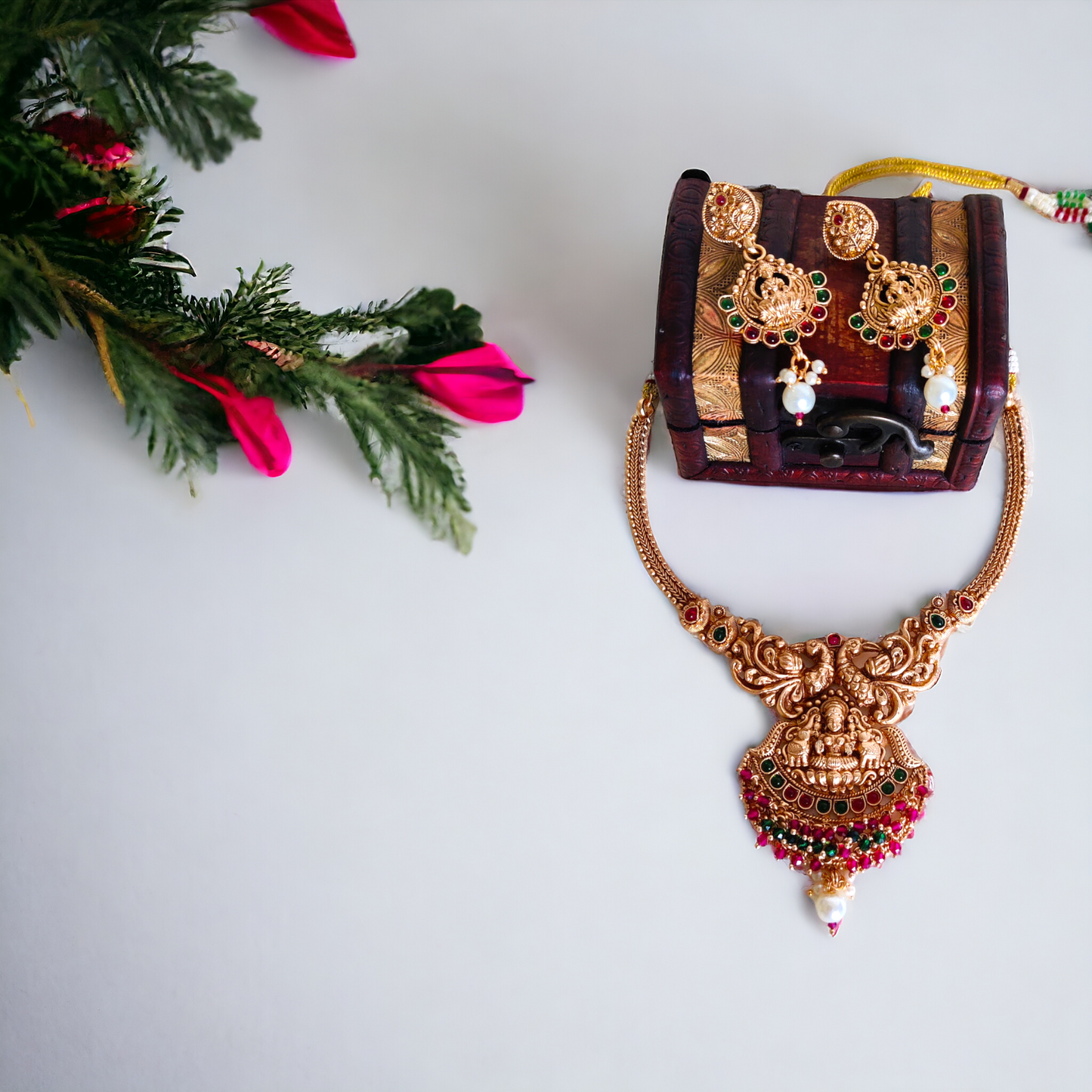 Necklace Set With Pink, Green Kundan & Pearls - TS02