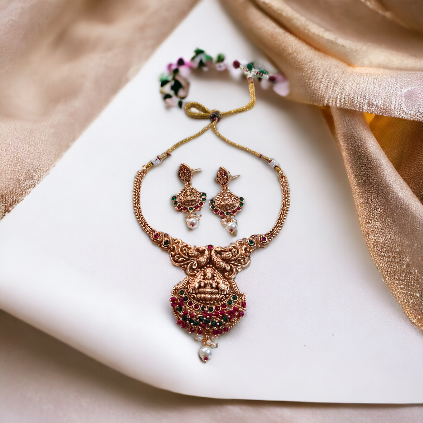 Necklace Set With Pink, Green Kundan & Pearls - TS02