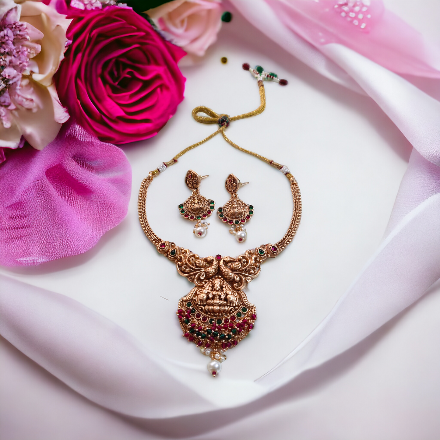 Necklace Set With Pink, Green Kundan & Pearls - TS02