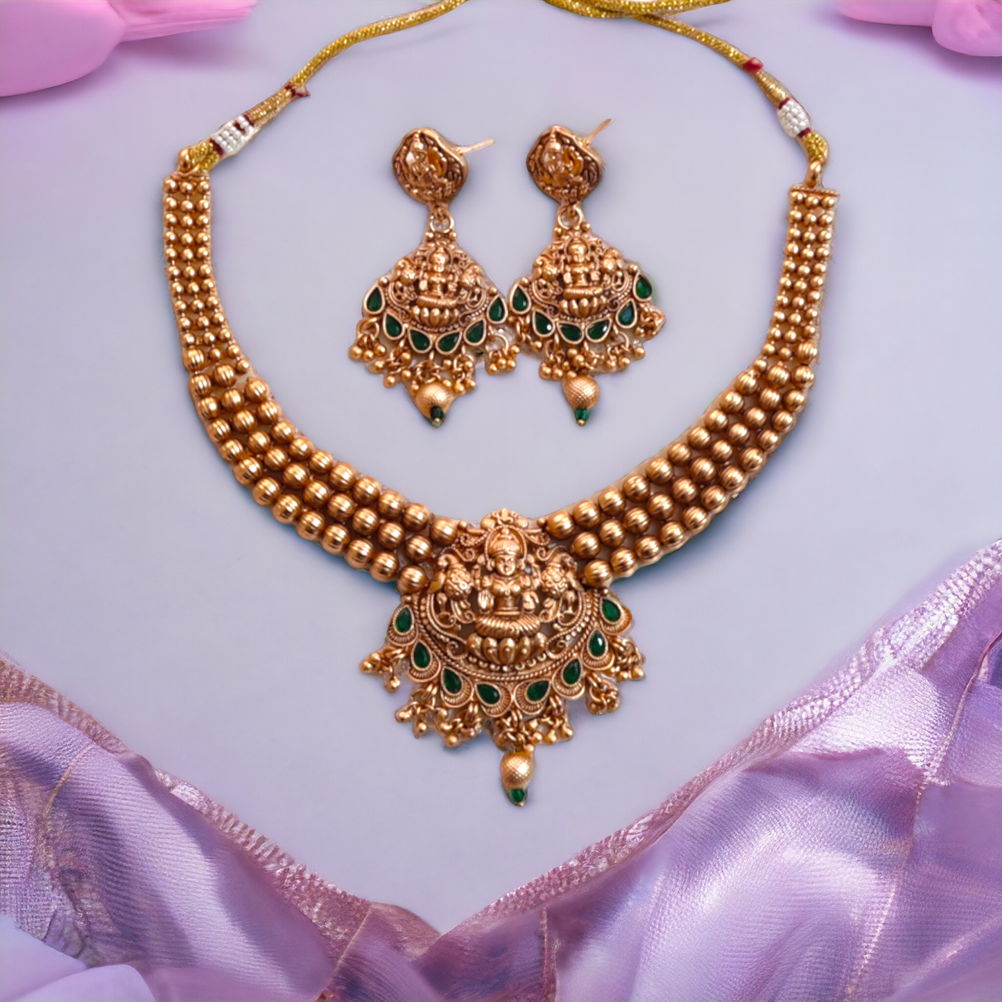 Golden Beads Studded With Green Kundan Lakshmi Necklace - TS07