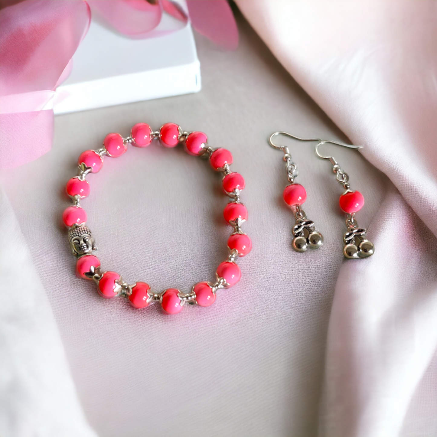Pink Clay Beads Bracelet & Earrings Set Adorned With Cute Metal Charms